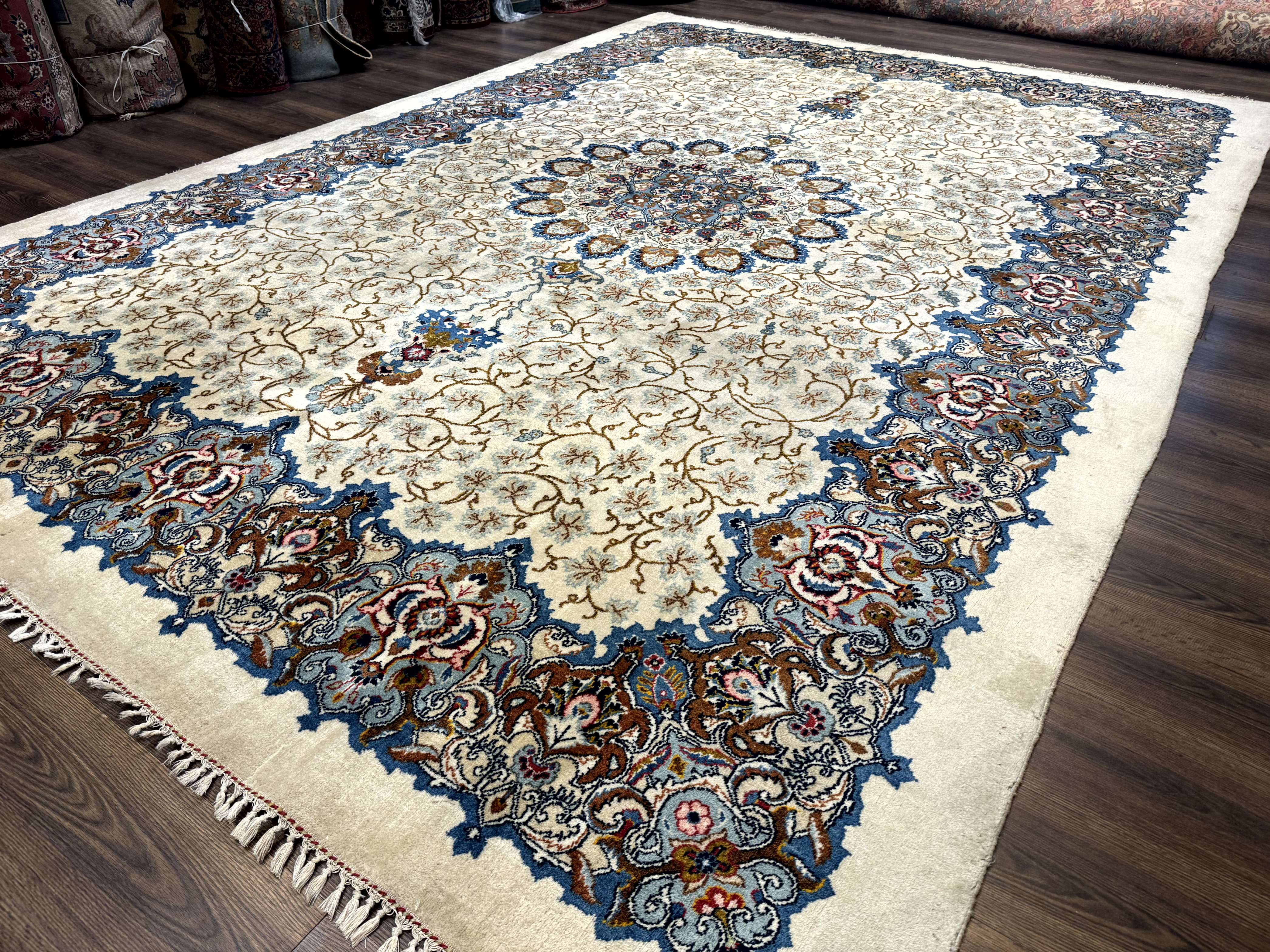 Persian Kashan Rug 9 x 12.6, Ivory and Blue, Floral Medallion, Wool Hand Knotted Semi Antique Carpet - Image 2