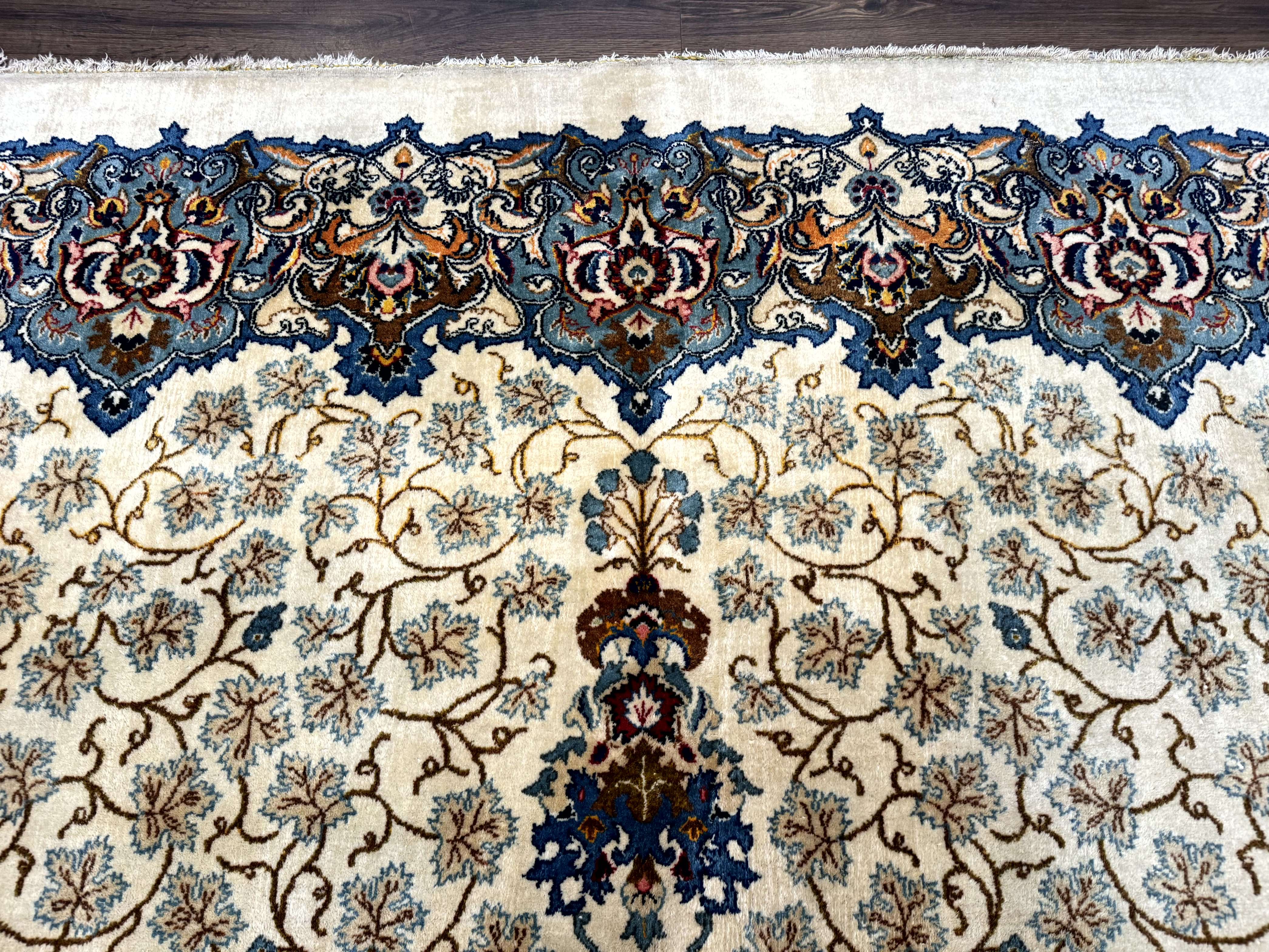 Persian Kashan Rug 9 x 12.6, Ivory and Blue, Floral Medallion, Wool Hand Knotted Semi Antique Carpet - Image 3