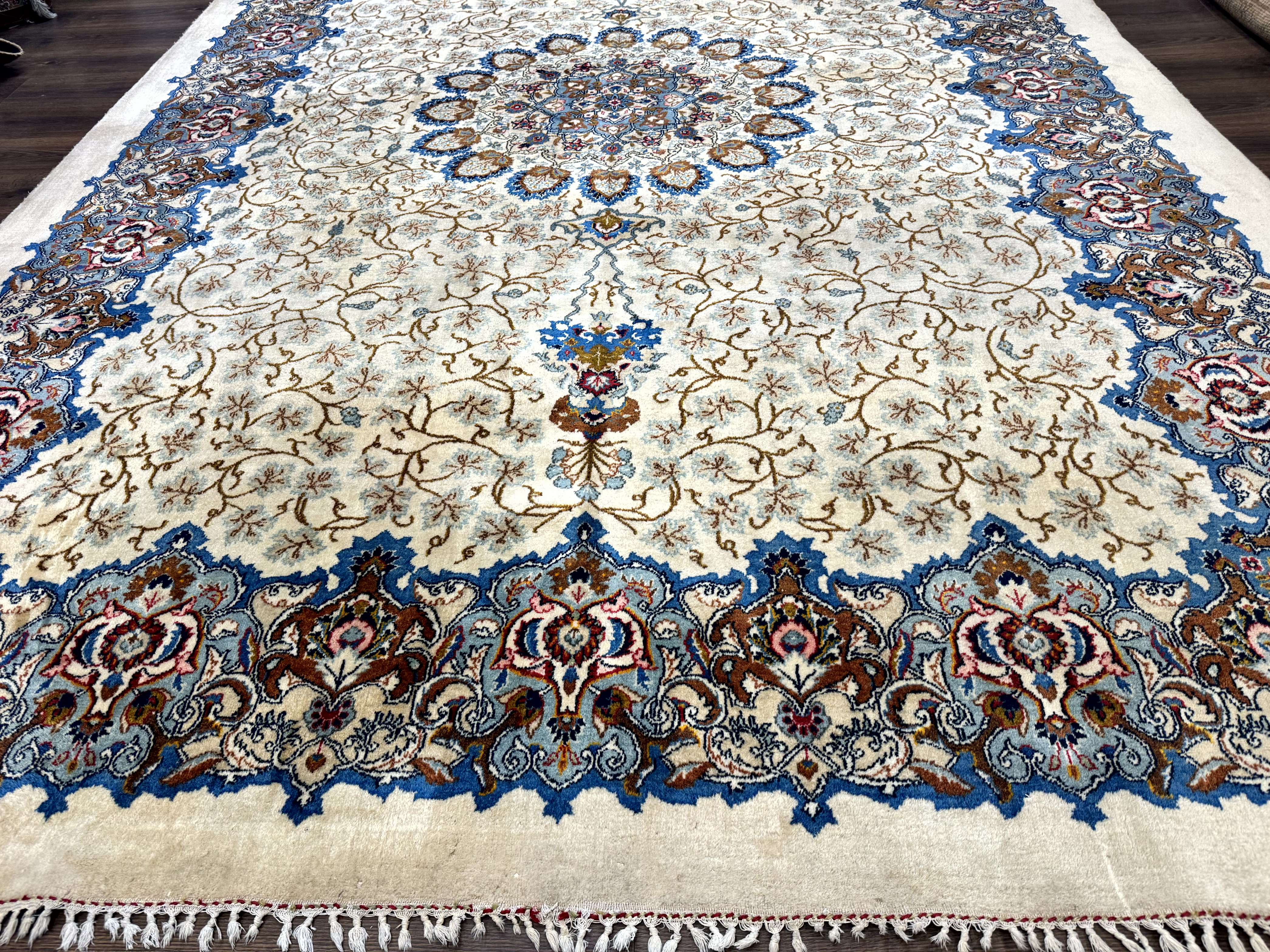 Persian Kashan Rug 9 x 12.6, Ivory and Blue, Floral Medallion, Wool Hand Knotted Semi Antique Carpet - Image 5