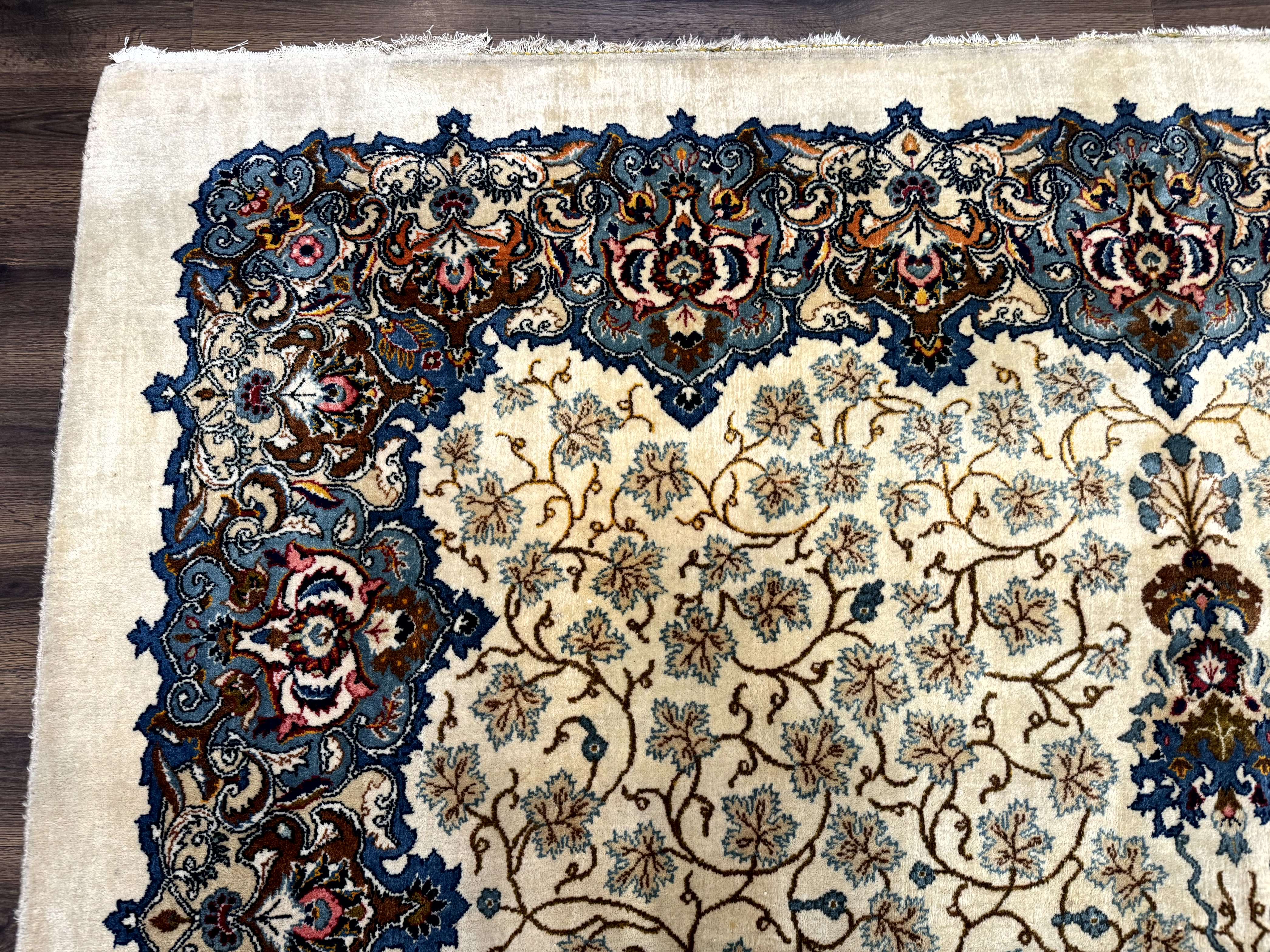 Persian Kashan Rug 9 x 12.6, Ivory and Blue, Floral Medallion, Wool Hand Knotted Semi Antique Carpet - Image 6