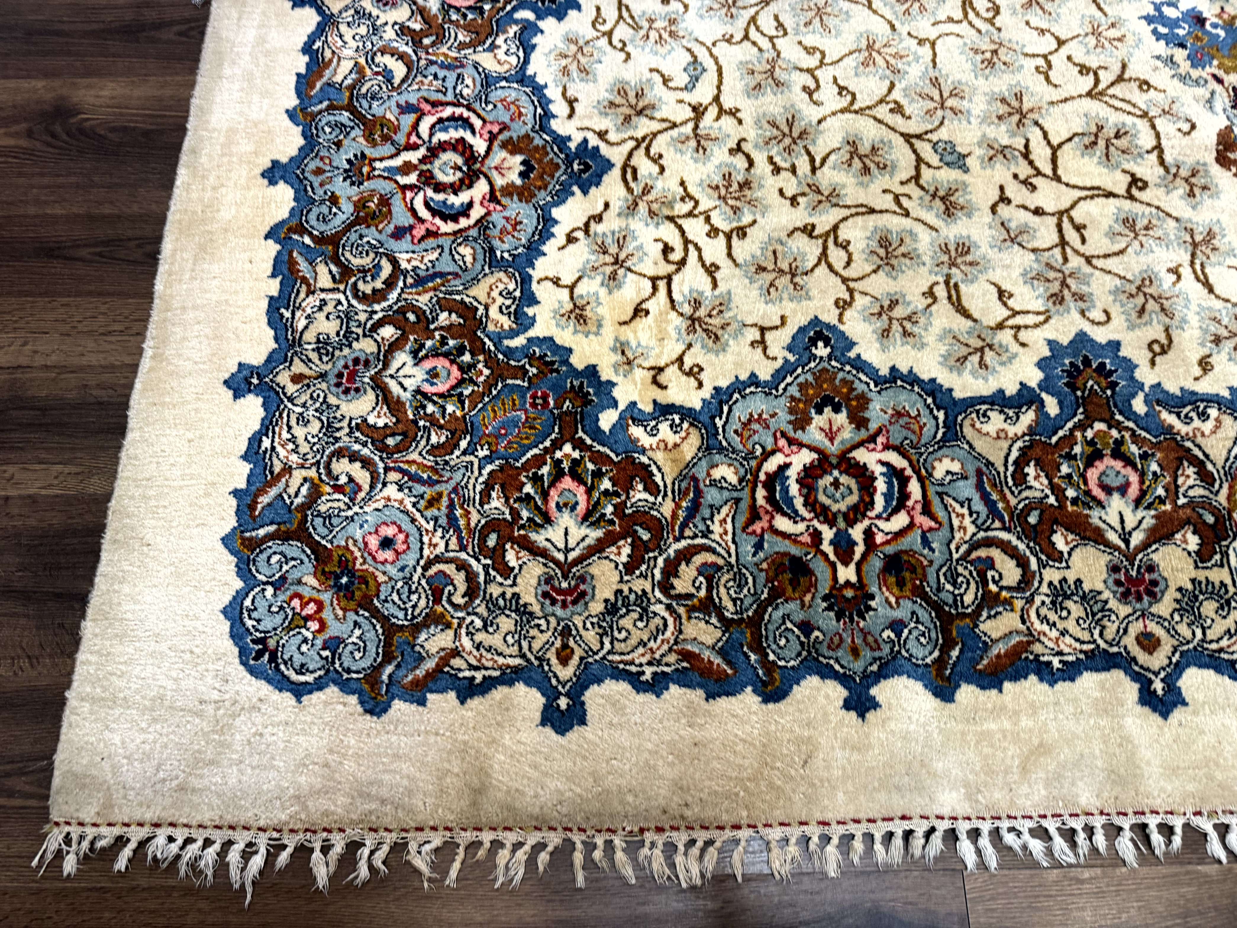 Persian Kashan Rug 9 x 12.6, Ivory and Blue, Floral Medallion, Wool Hand Knotted Semi Antique Carpet - Image 8