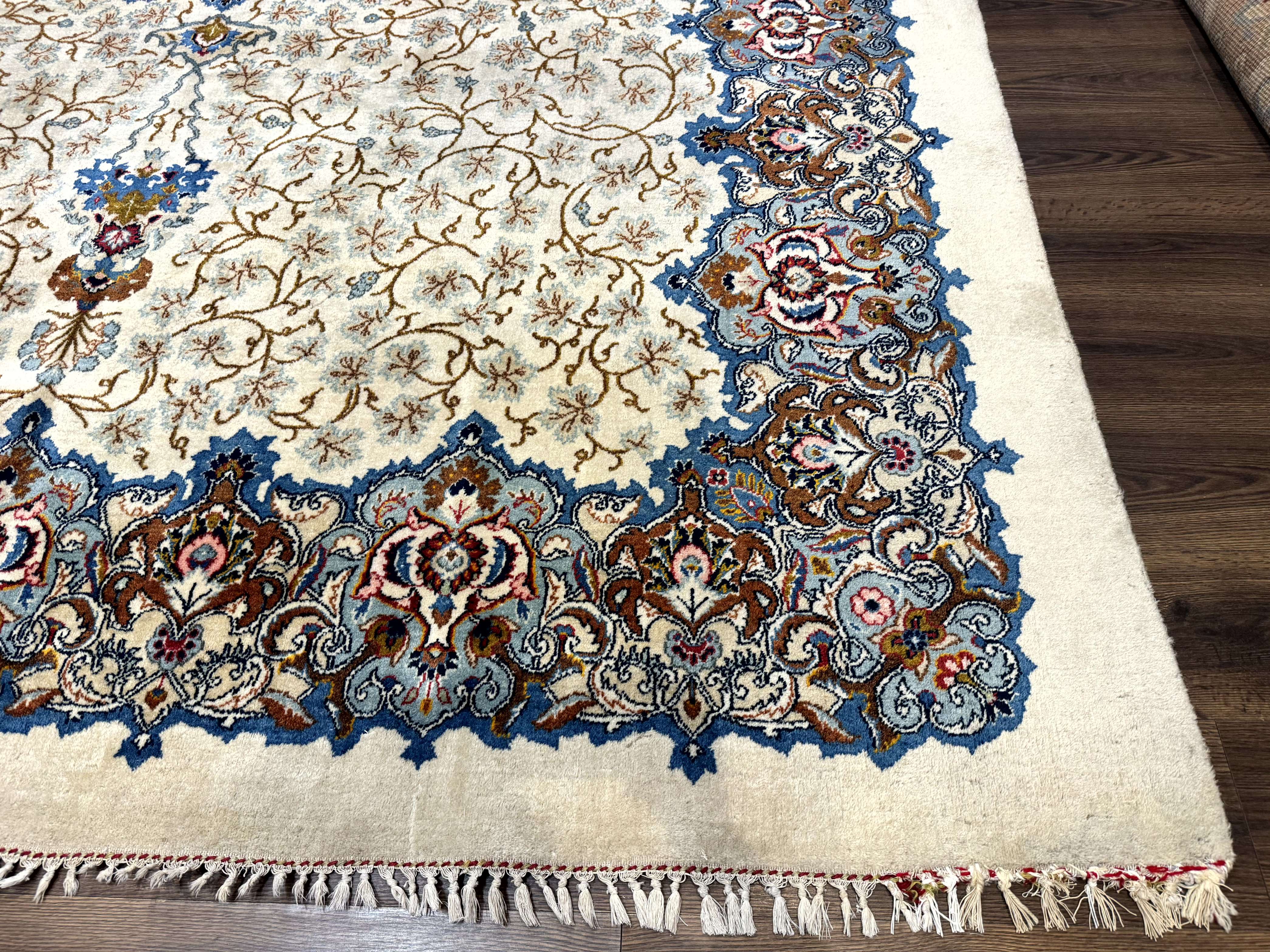 Persian Kashan Rug 9 x 12.6, Ivory and Blue, Floral Medallion, Wool Hand Knotted Semi Antique Carpet - Image 9