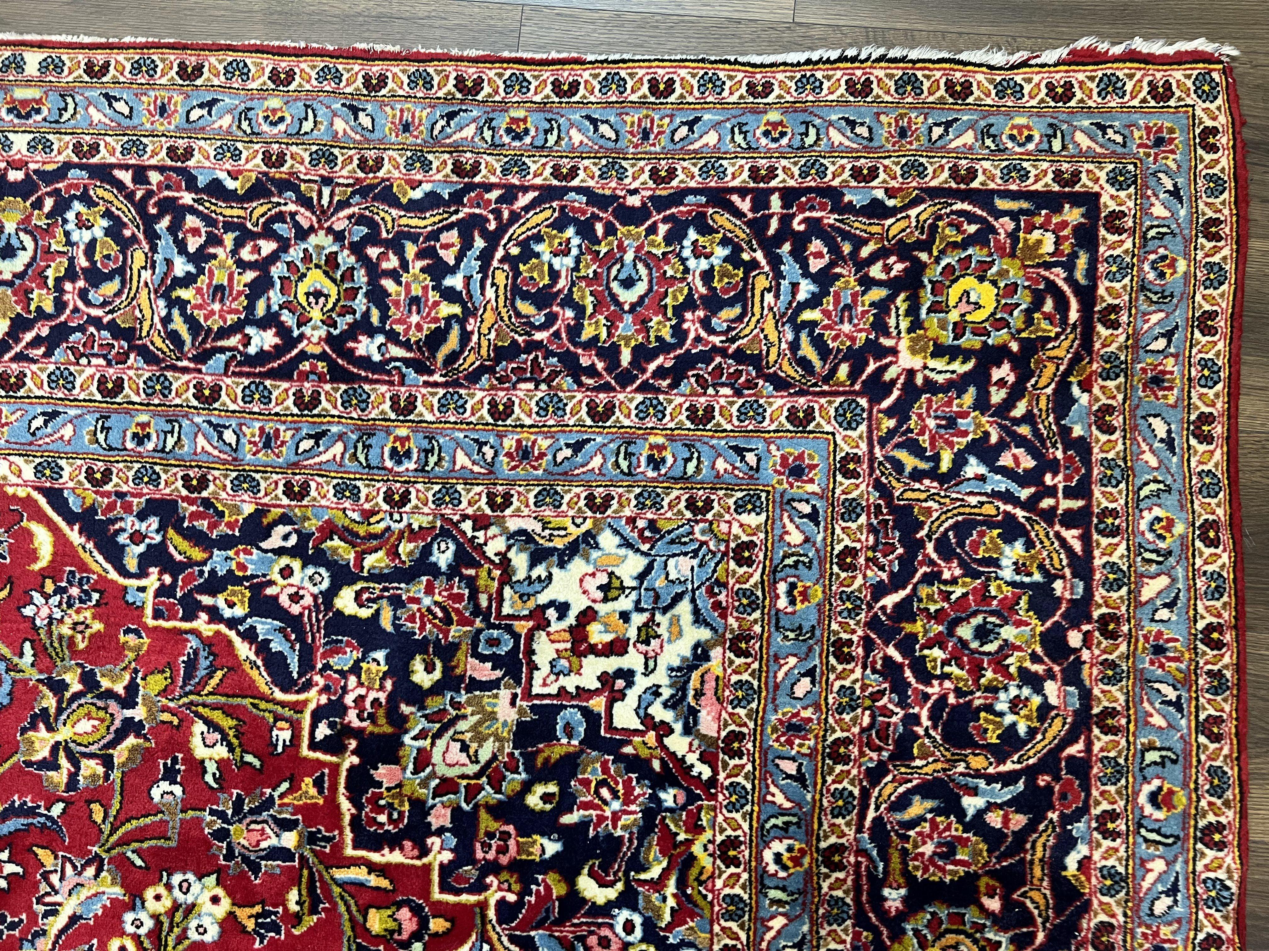 Persian Kashan Rug 9x12, Red Navy Blue, Allover Floral Medallion & Corner Design, Handmade Wool Oriental Carpet, Semi Antique Traditional Carpet - Image 7