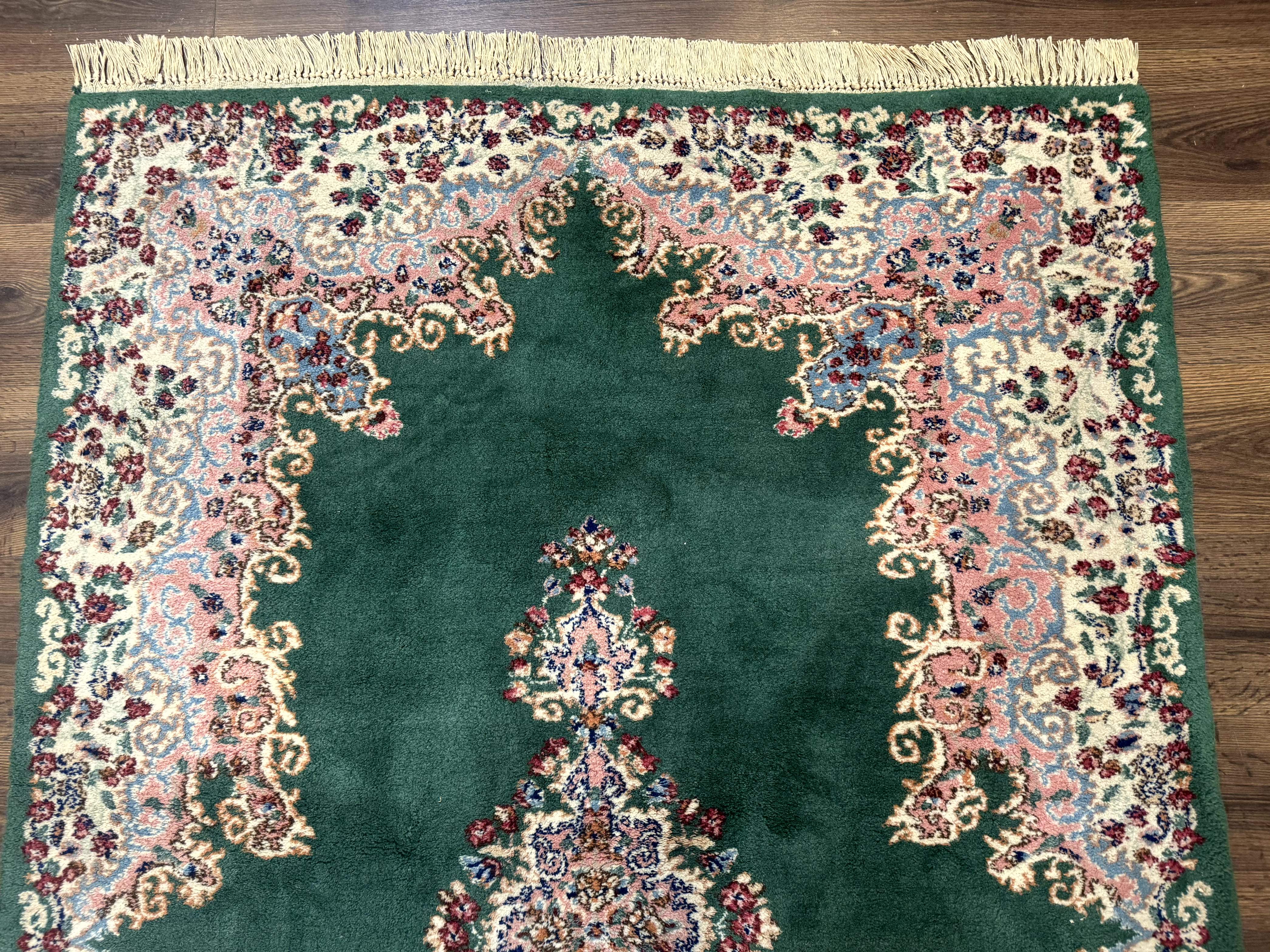 Persian Kerman Rug 4x6, Green Ivory Pink, Wool Vintage, Semi Open Field - Image 3