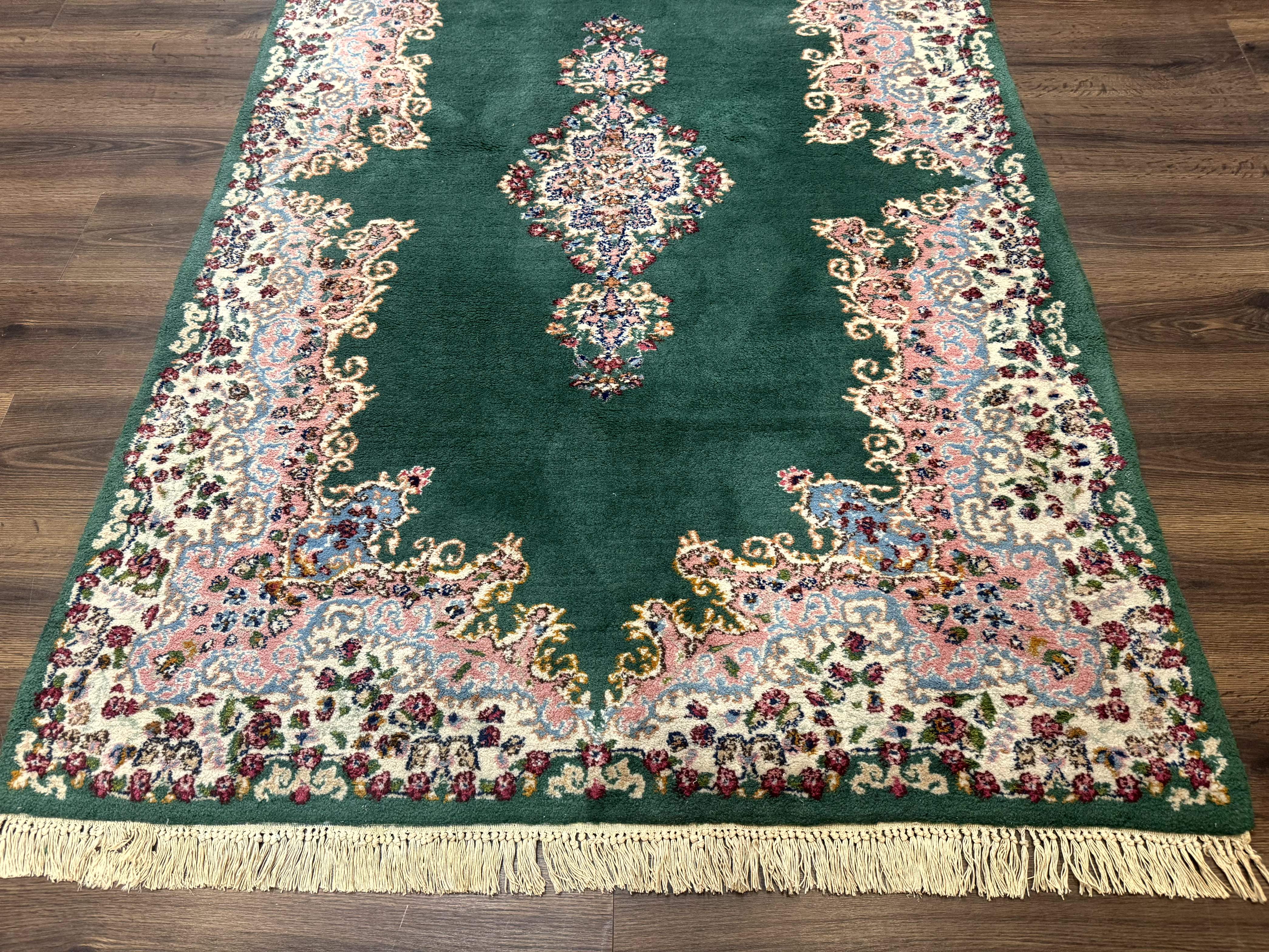 Persian Kerman Rug 4x6, Green Ivory Pink, Wool Vintage, Semi Open Field - Image 5