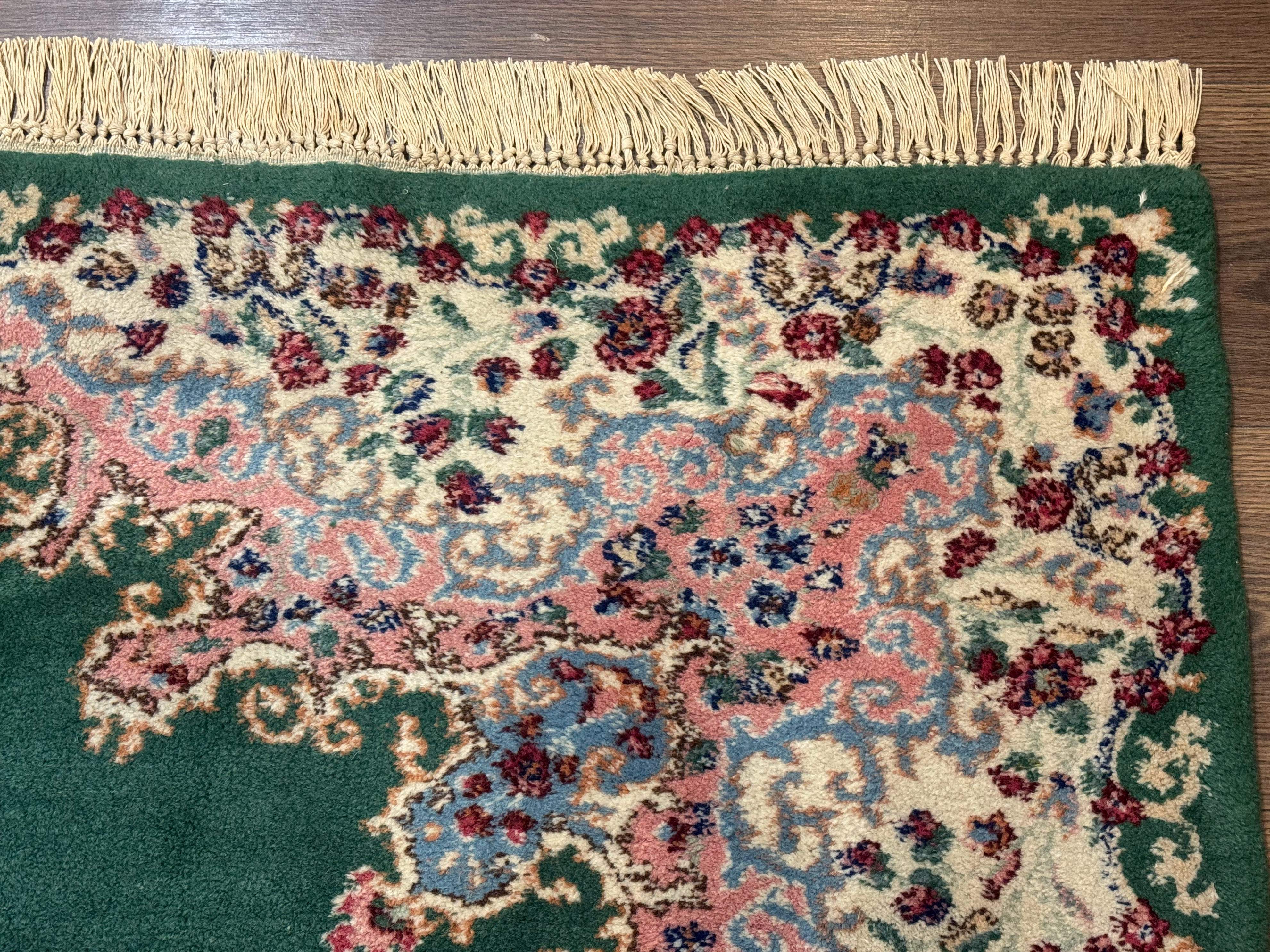 Persian Kerman Rug 4x6, Green Ivory Pink, Wool Vintage, Semi Open Field - Image 7