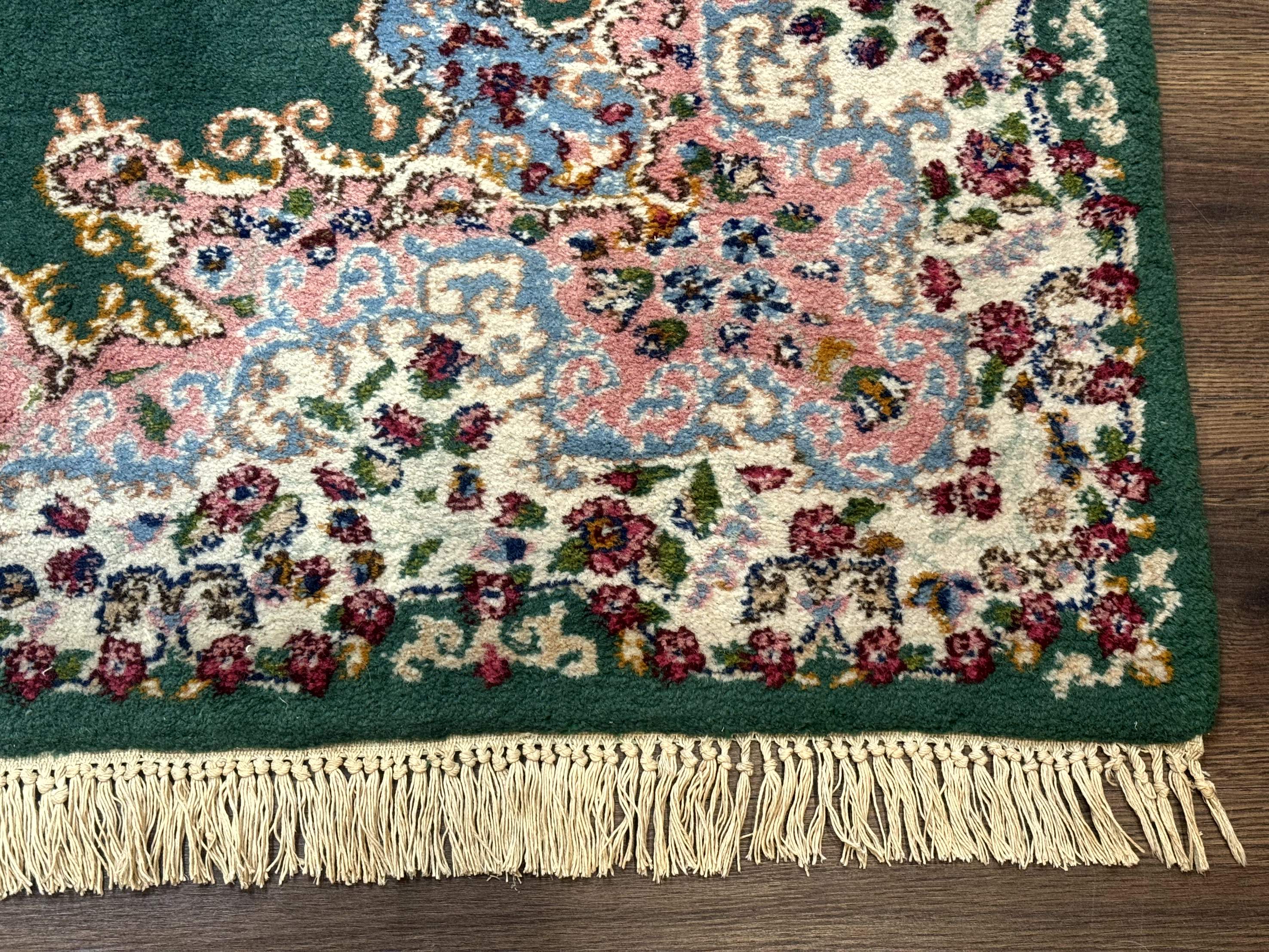 Persian Kerman Rug 4x6, Green Ivory Pink, Wool Vintage, Semi Open Field - Image 9