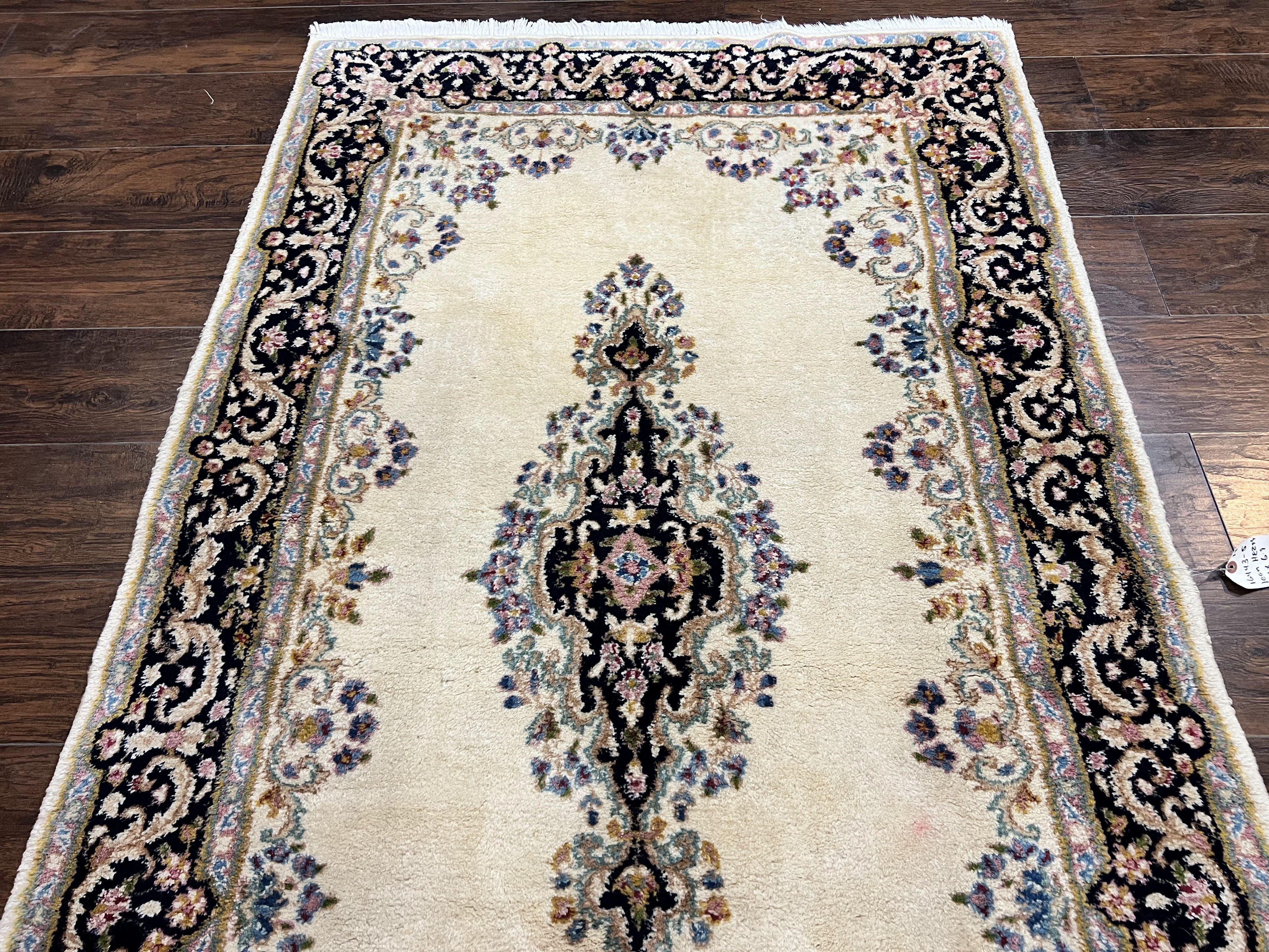 Persian Kirman Rug 4x7, Wool Hand Knotted Antique Carpet, Beige, Semi Open Field Medallion Rug, Traditional Handmade Oriental Rug - Image 7