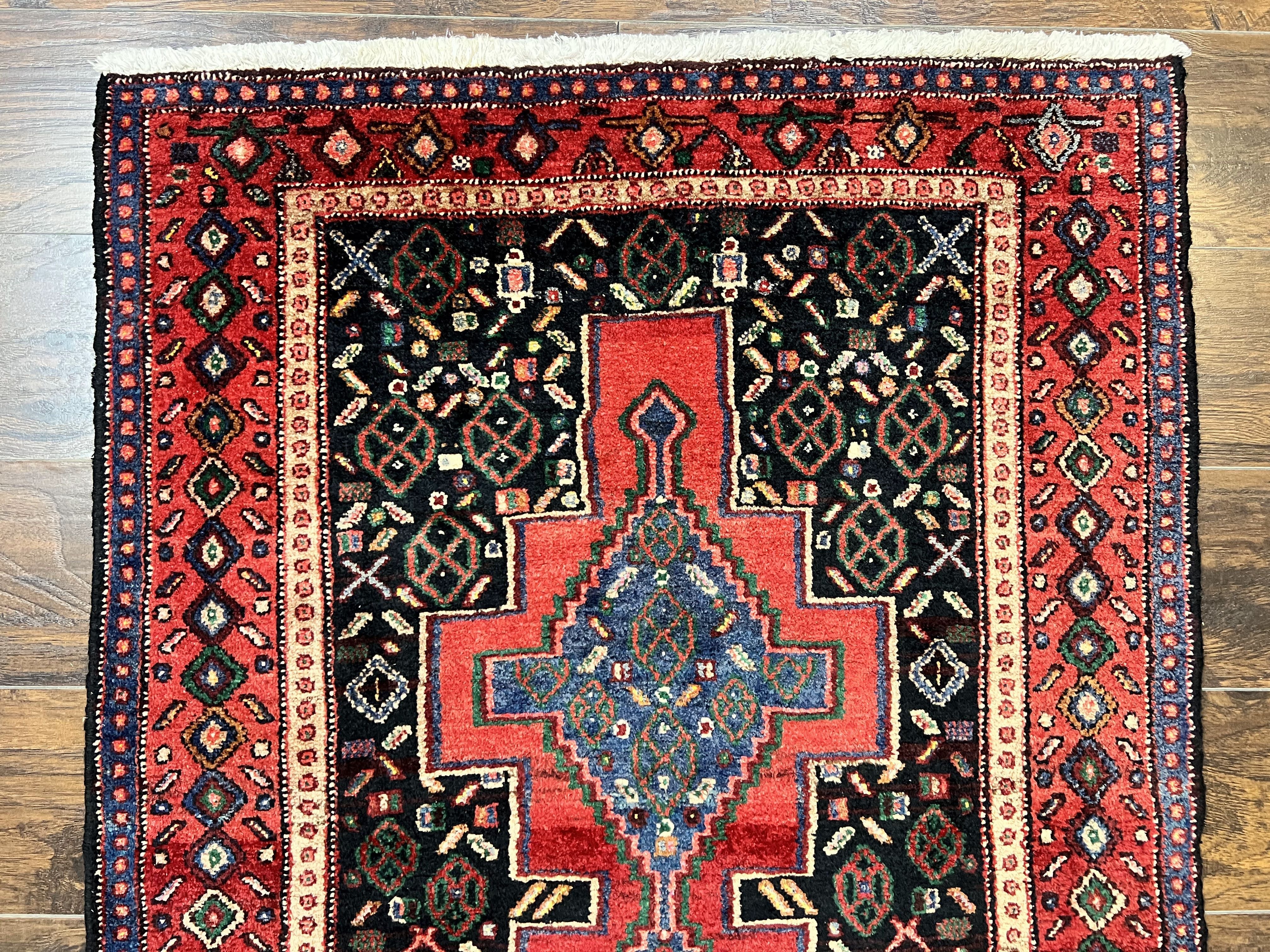 Persian Kurdish Senneh Runner Rug 3x9, Red Navy Blue, Medallions Wool Tribal Runner for Kitchen/Hallway 9ft Antique Handmade Oriental Runner - Image 4