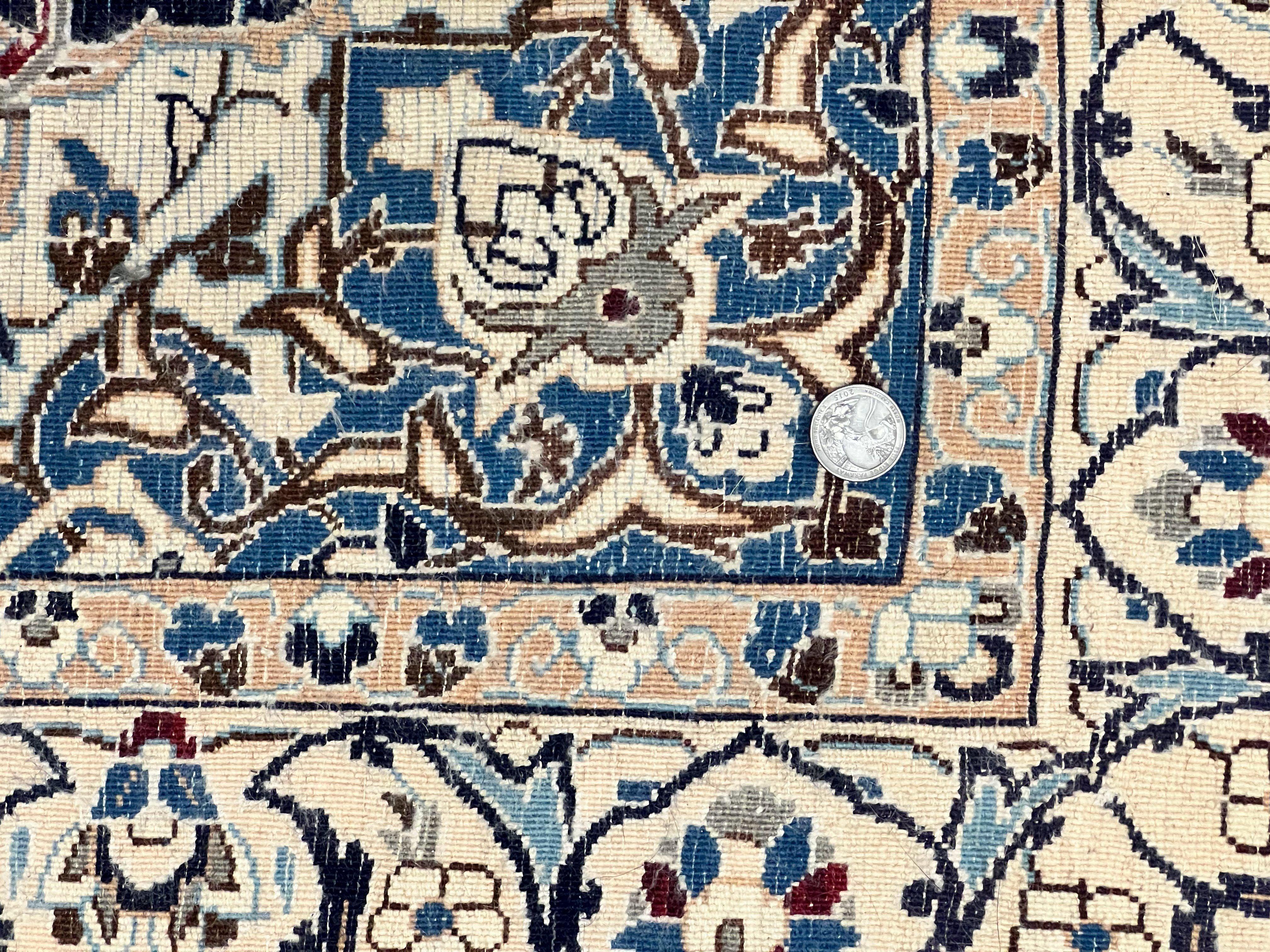 Persian Nain Rug 4x6, Floral, Hand Knotted Vintage Wool & Silk Highlights, Signature from Masterweaver, Navy Blue and Ivory - Image 10