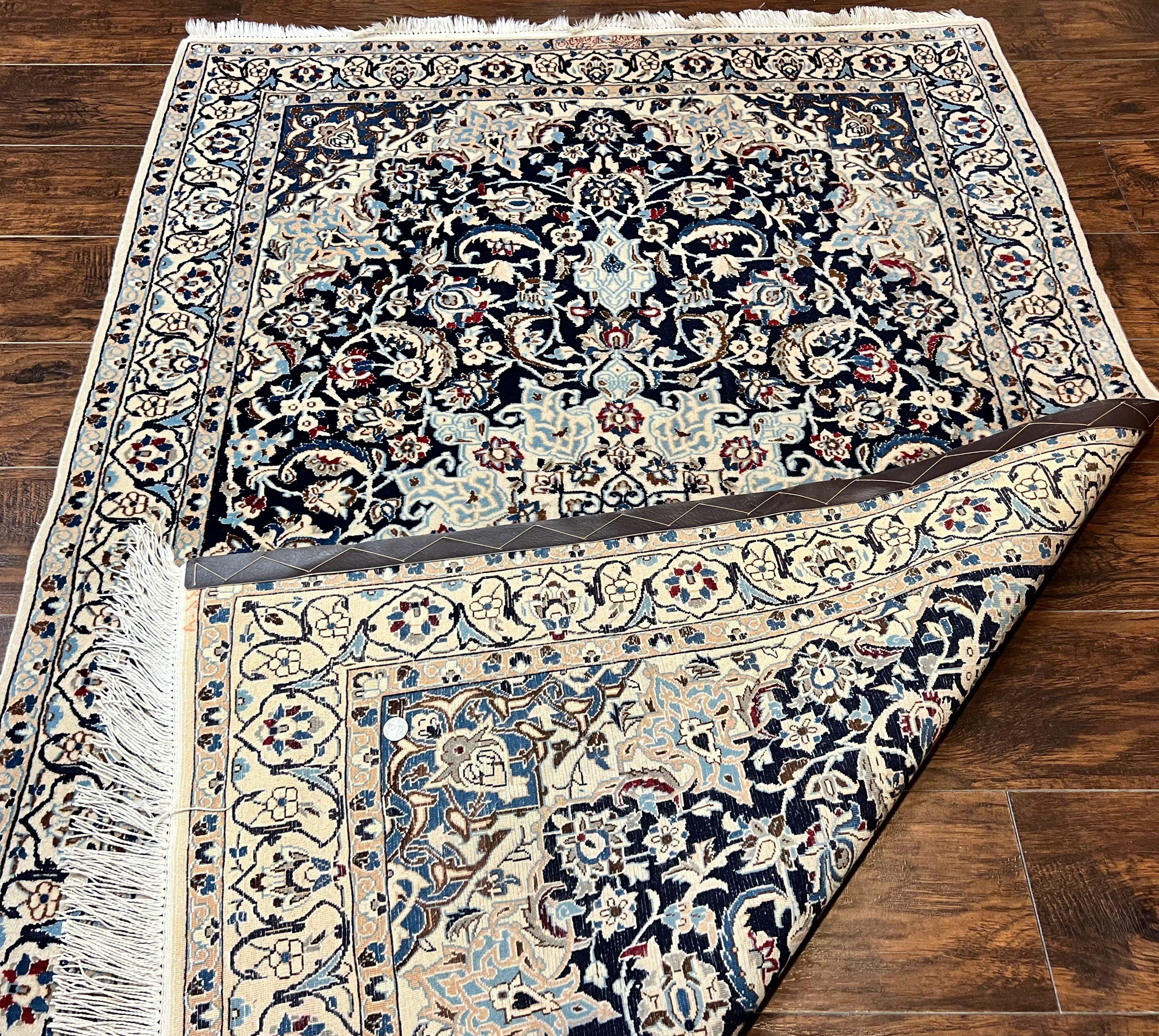 Persian Nain Rug 4x6, Floral, Hand Knotted Vintage Wool & Silk Highlights, Signature from Masterweaver, Navy Blue and Ivory - Image 11
