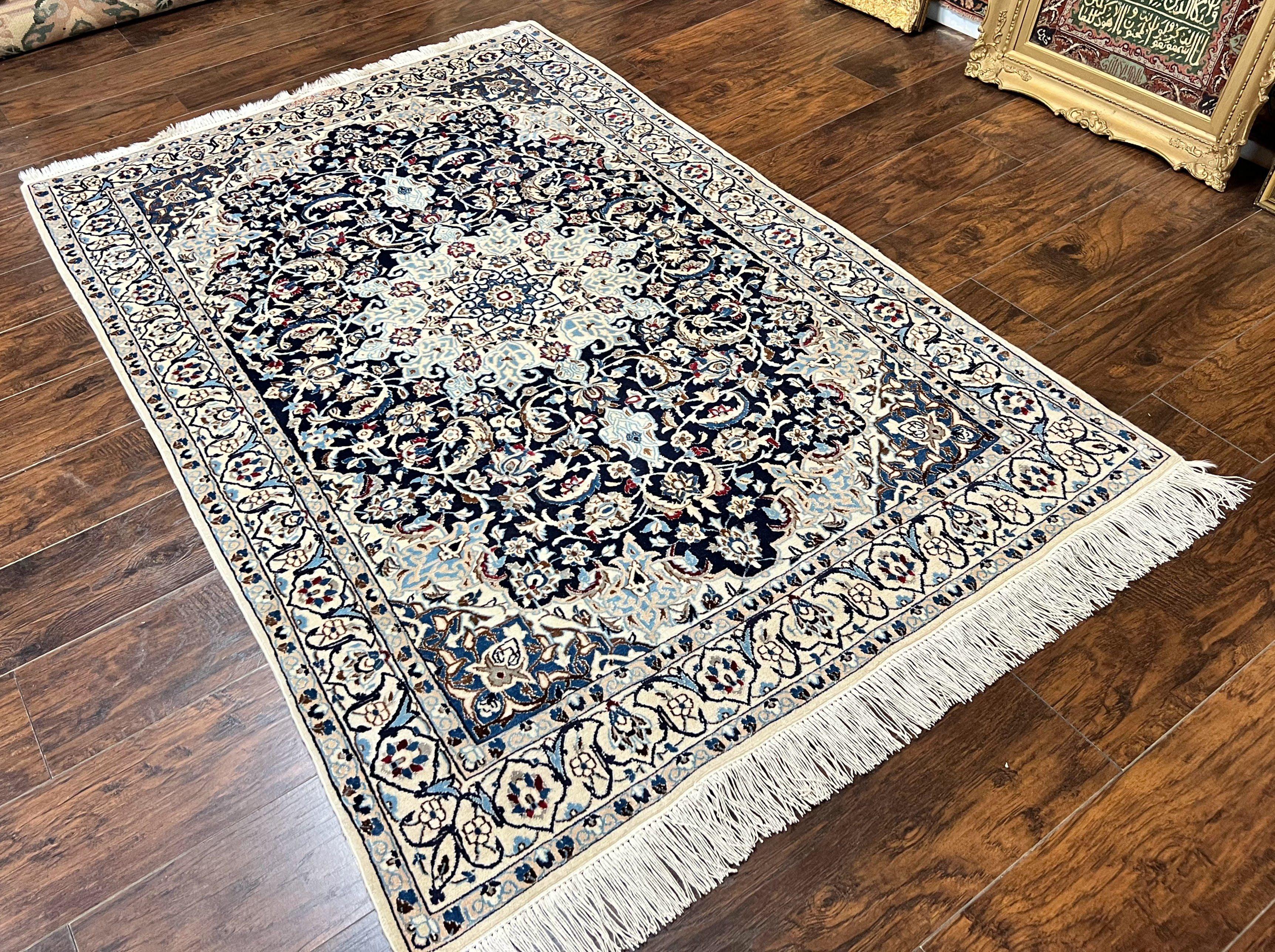 Persian Nain Rug 4x6, Floral, Hand Knotted Vintage Wool & Silk Highlights, Signature from Masterweaver, Navy Blue and Ivory - Image 12