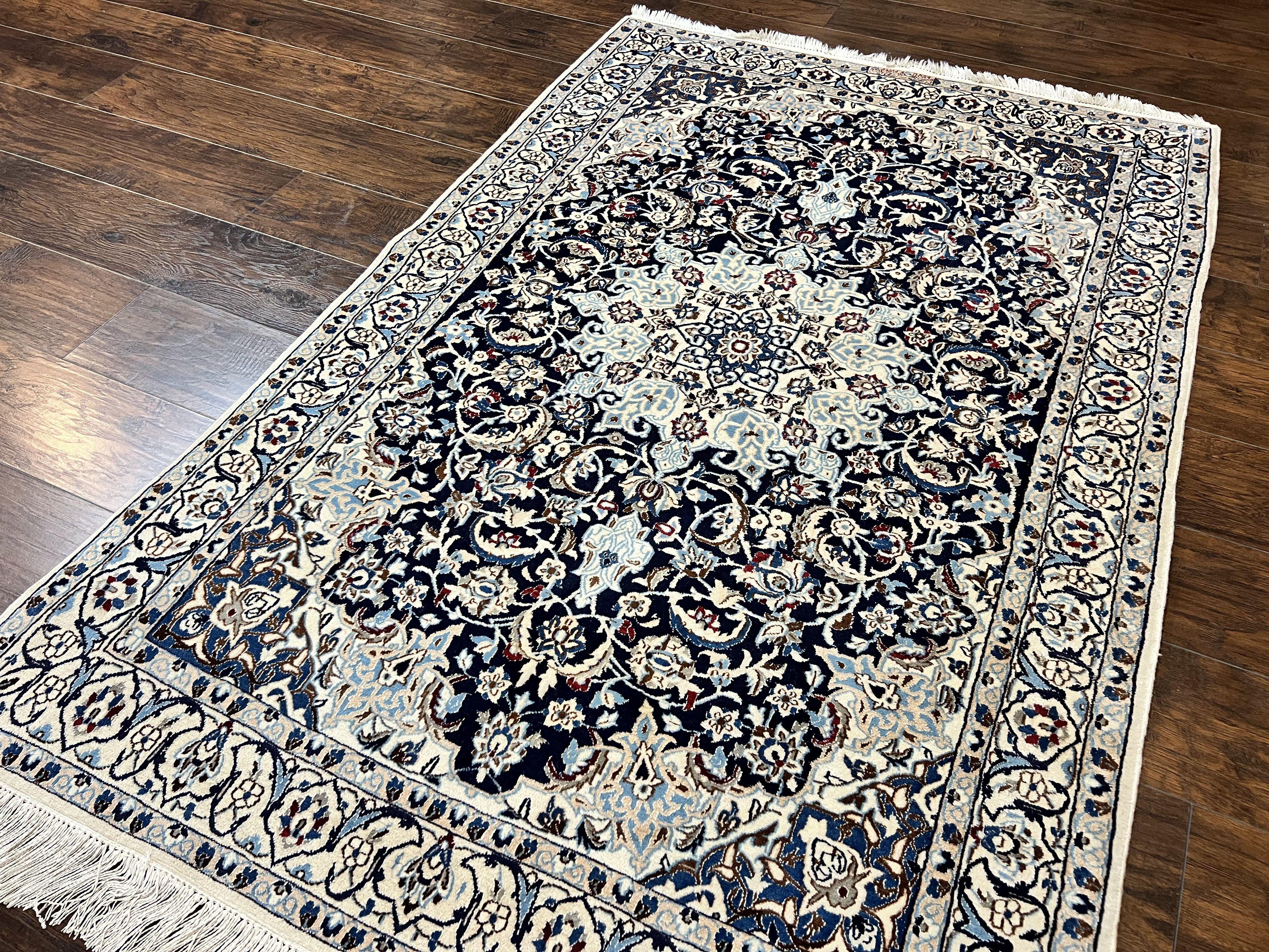 Persian Nain Rug 4x6, Floral, Hand Knotted Vintage Wool & Silk Highlights, Signature from Masterweaver, Navy Blue and Ivory - Image 2
