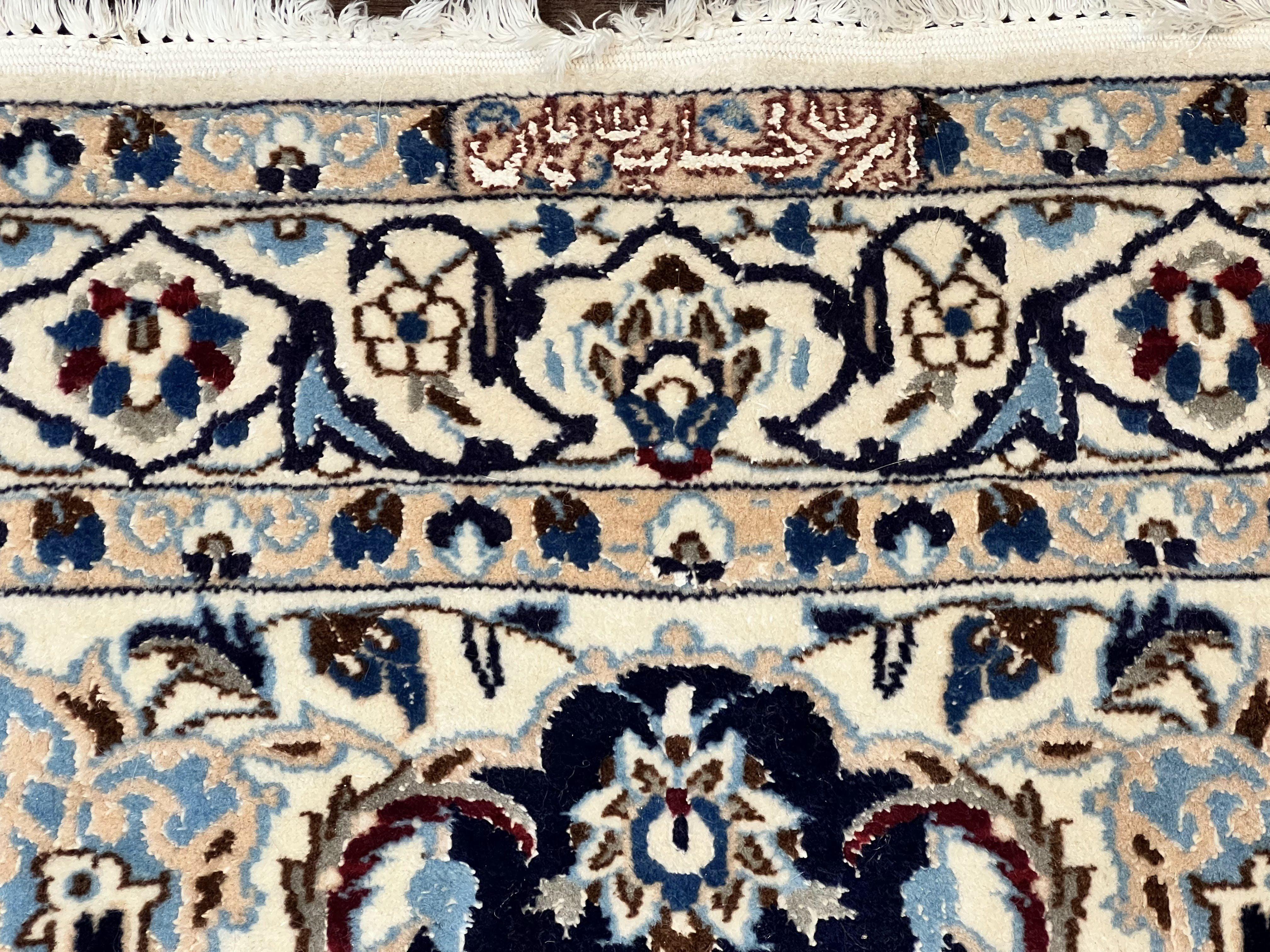 Persian Nain Rug 4x6, Floral, Hand Knotted Vintage Wool & Silk Highlights, Signature from Masterweaver, Navy Blue and Ivory - Image 3
