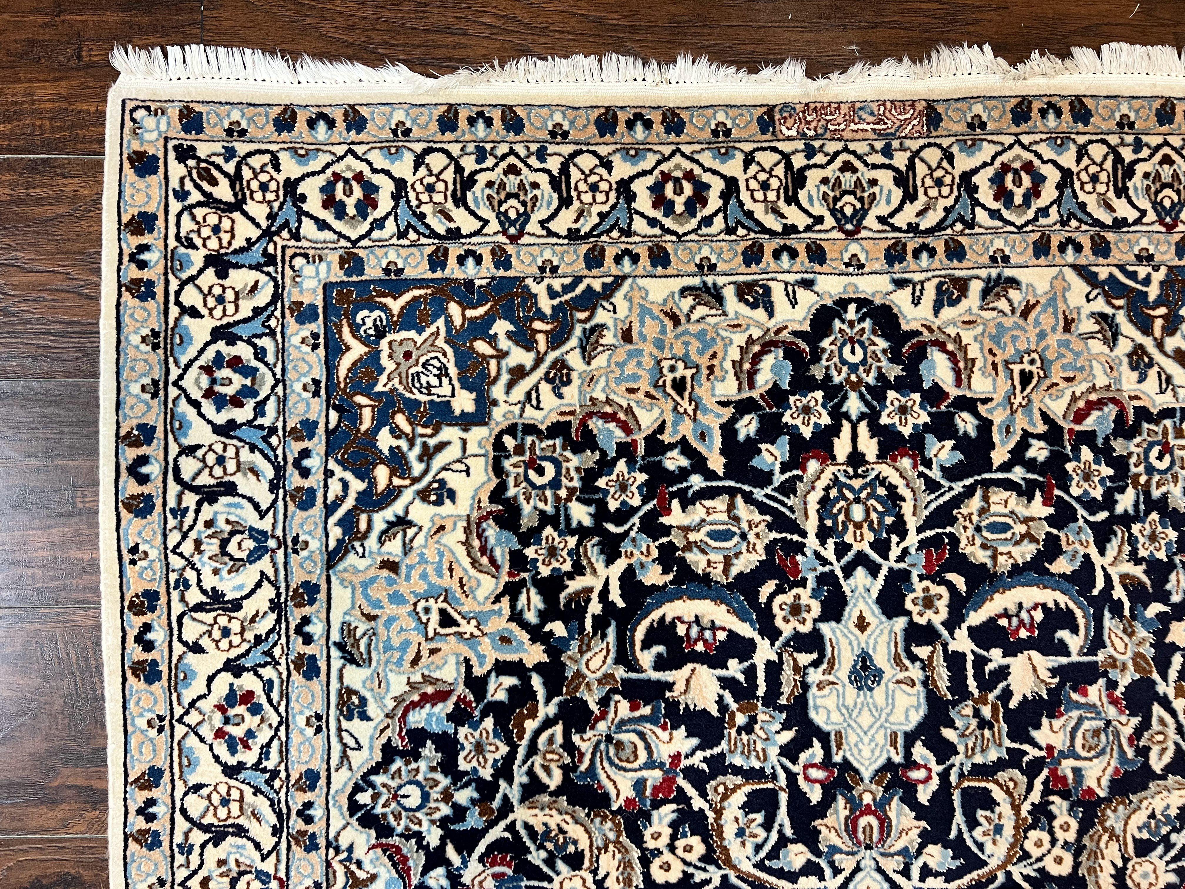 Persian Nain Rug 4x6, Floral, Hand Knotted Vintage Wool & Silk Highlights, Signature from Masterweaver, Navy Blue and Ivory - Image 6