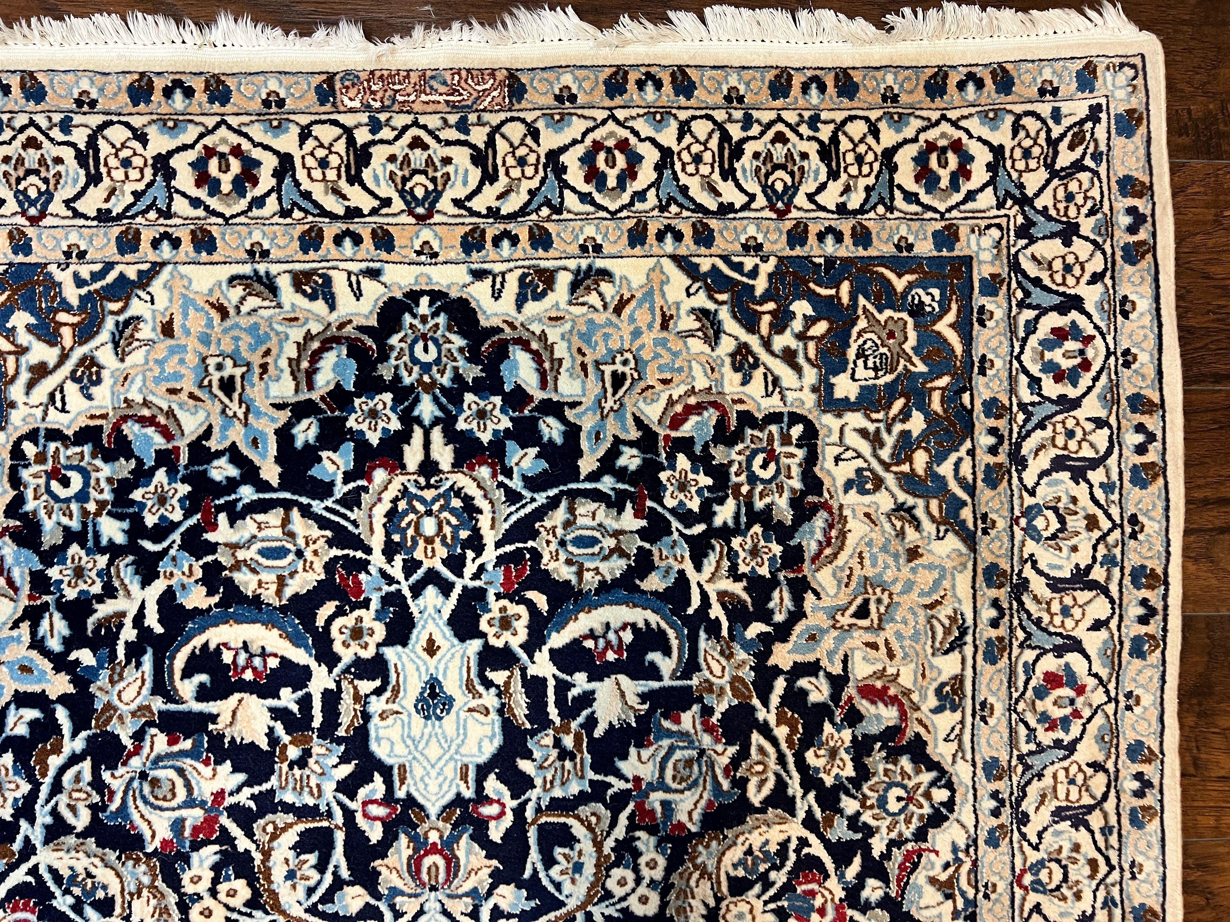 Persian Nain Rug 4x6, Floral, Hand Knotted Vintage Wool & Silk Highlights, Signature from Masterweaver, Navy Blue and Ivory - Image 7
