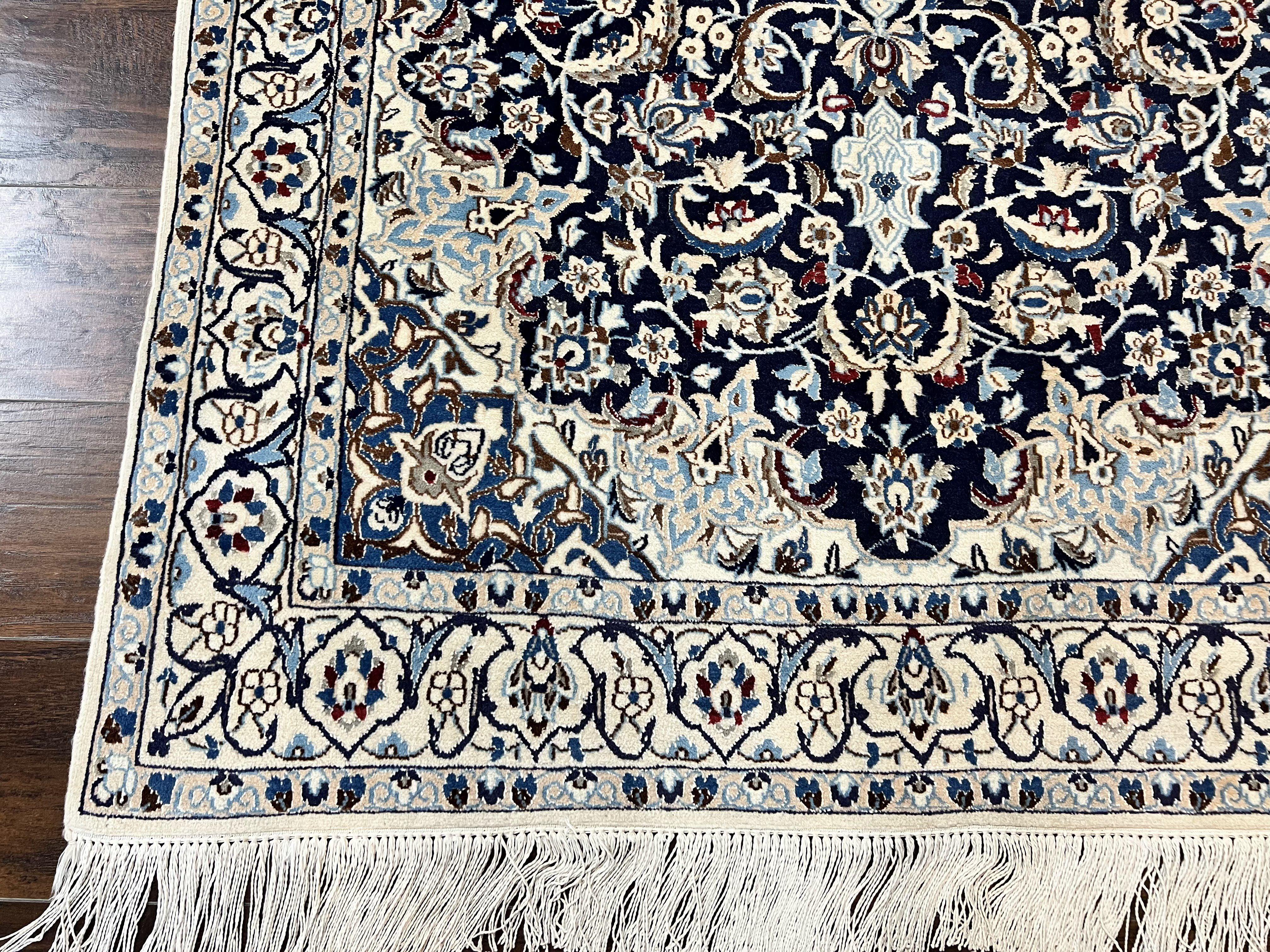 Persian Nain Rug 4x6, Floral, Hand Knotted Vintage Wool & Silk Highlights, Signature from Masterweaver, Navy Blue and Ivory - Image 8