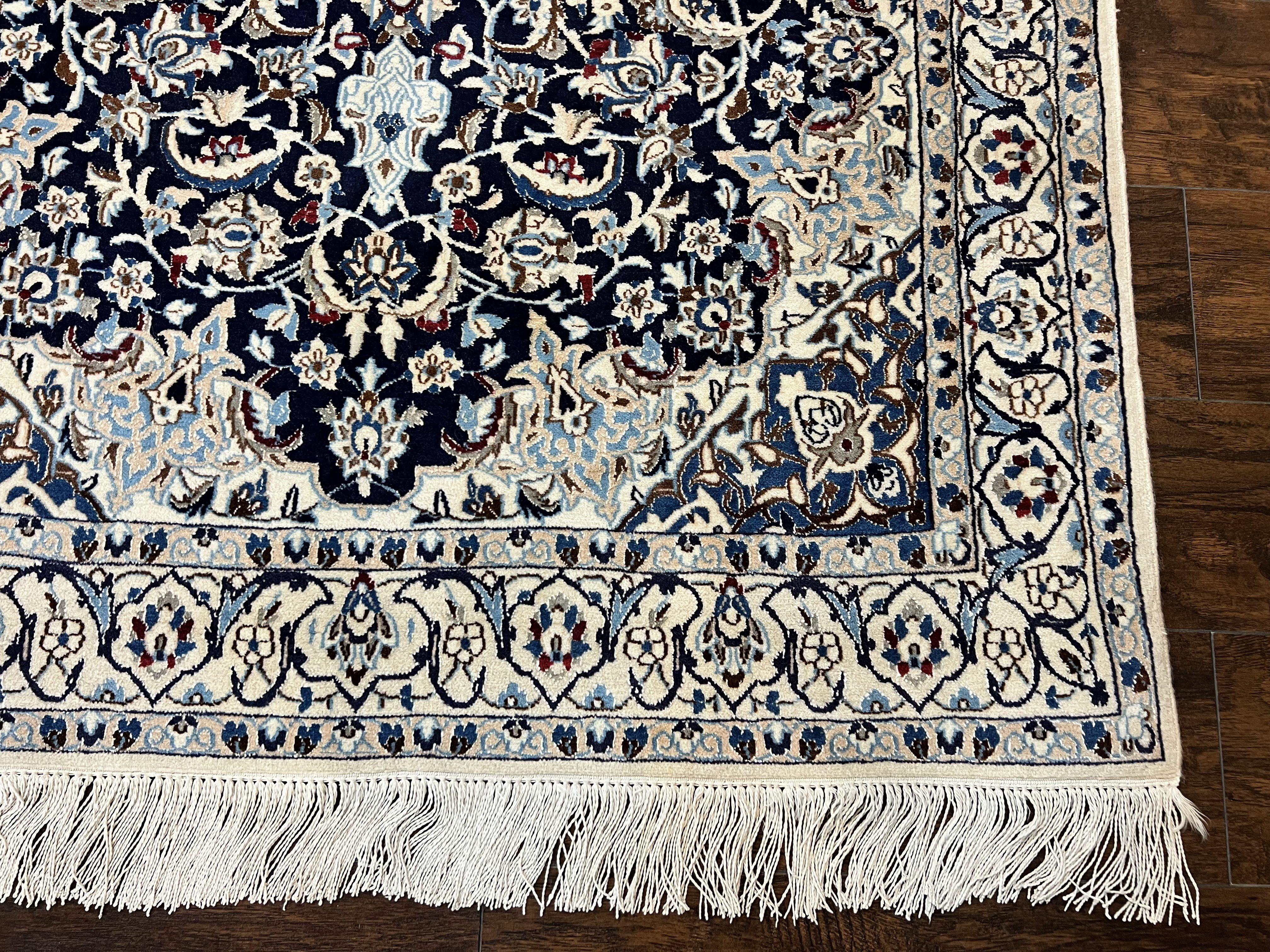Persian Nain Rug 4x6, Floral, Hand Knotted Vintage Wool & Silk Highlights, Signature from Masterweaver, Navy Blue and Ivory - Image 9