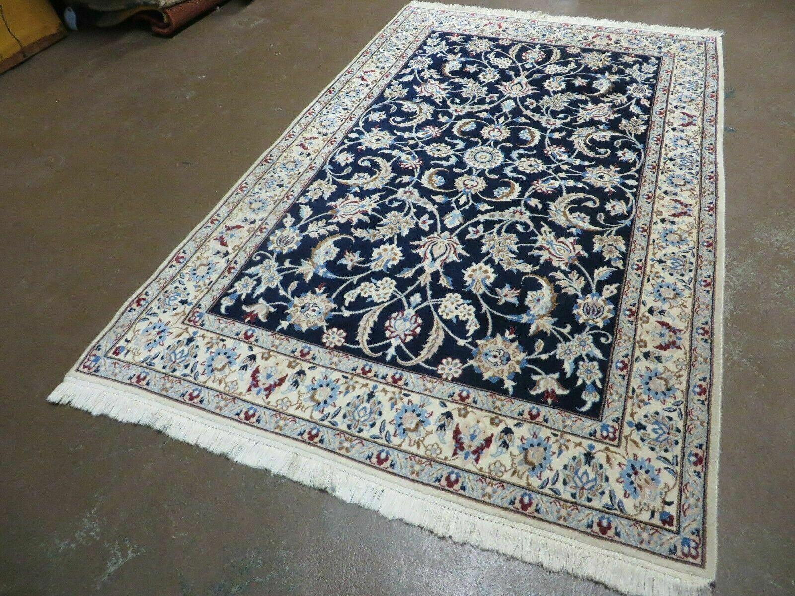 Persian Nain Rug 4x7, Navy Blue and Ivory, Handmade, Wool & Silk Highlights, Fine Oriental Rug, Vintage - Image 2