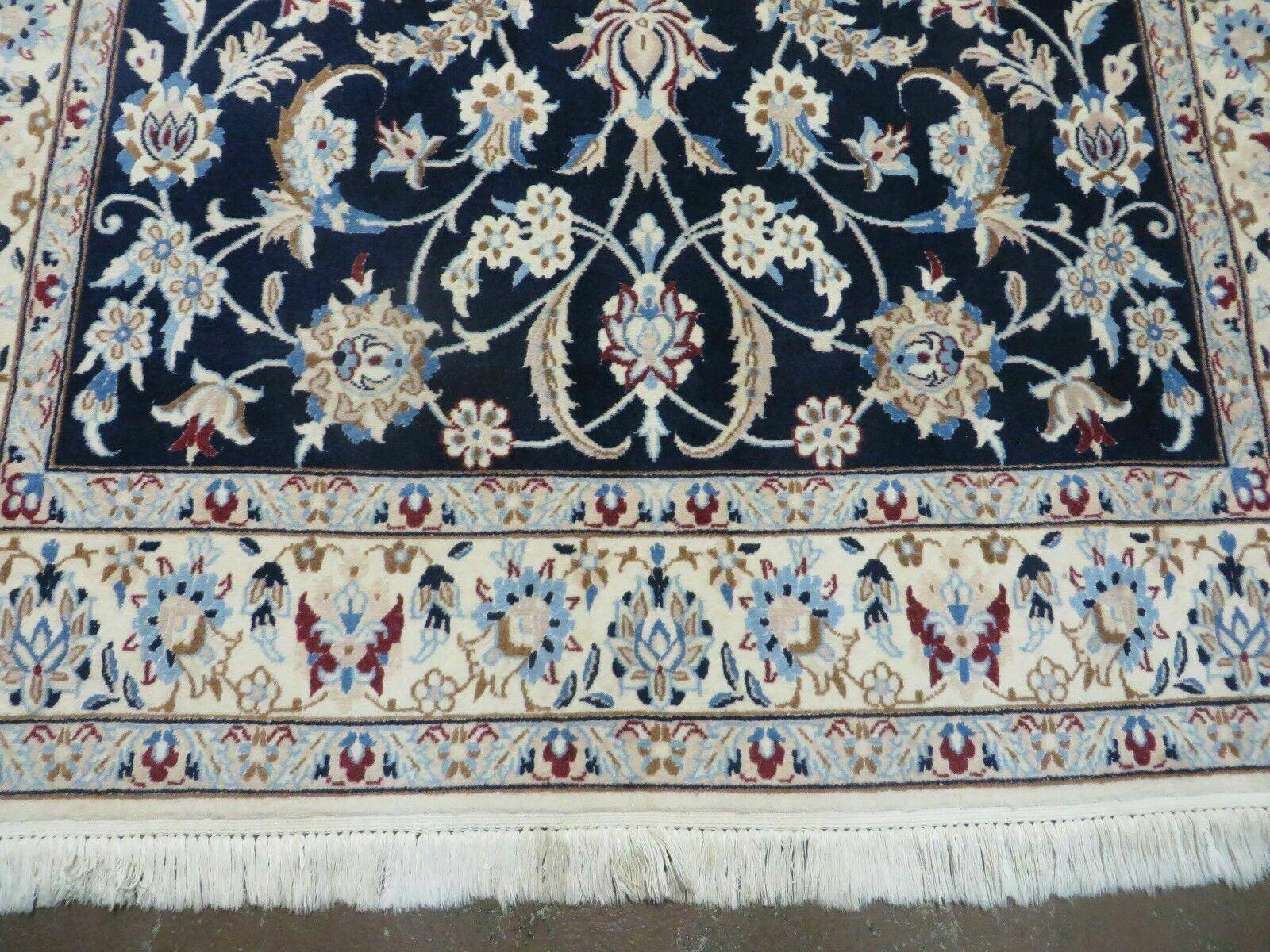 Persian Nain Rug 4x7, Navy Blue and Ivory, Handmade, Wool & Silk Highlights, Fine Oriental Rug, Vintage - Image 5