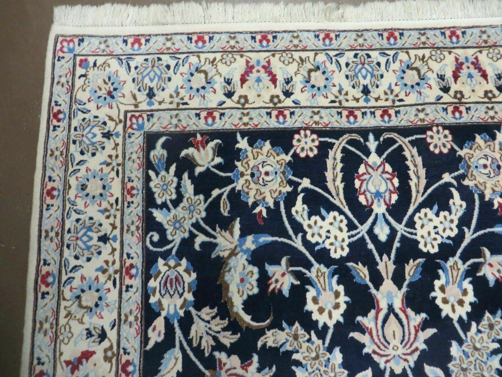 Persian Nain Rug 4x7, Navy Blue and Ivory, Handmade, Wool & Silk Highlights, Fine Oriental Rug, Vintage - Image 6