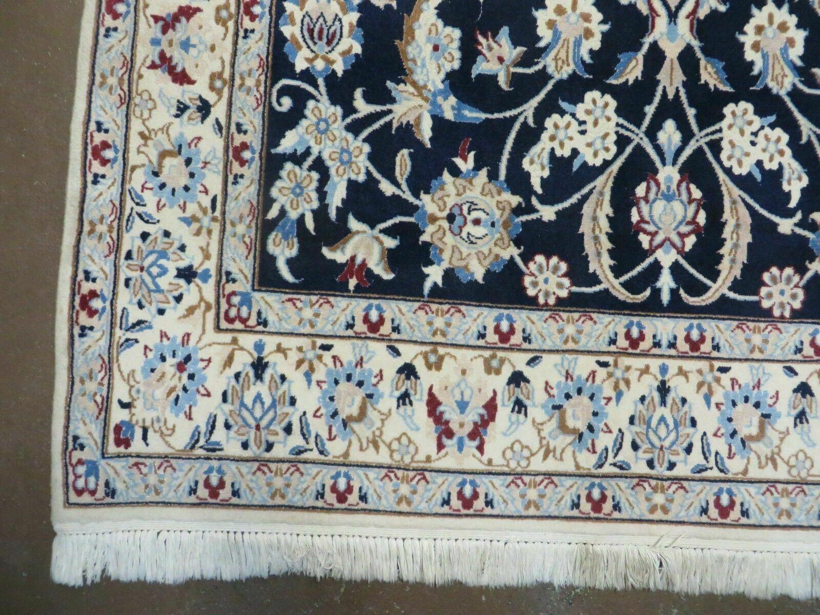 Persian Nain Rug 4x7, Navy Blue and Ivory, Handmade, Wool & Silk Highlights, Fine Oriental Rug, Vintage - Image 8