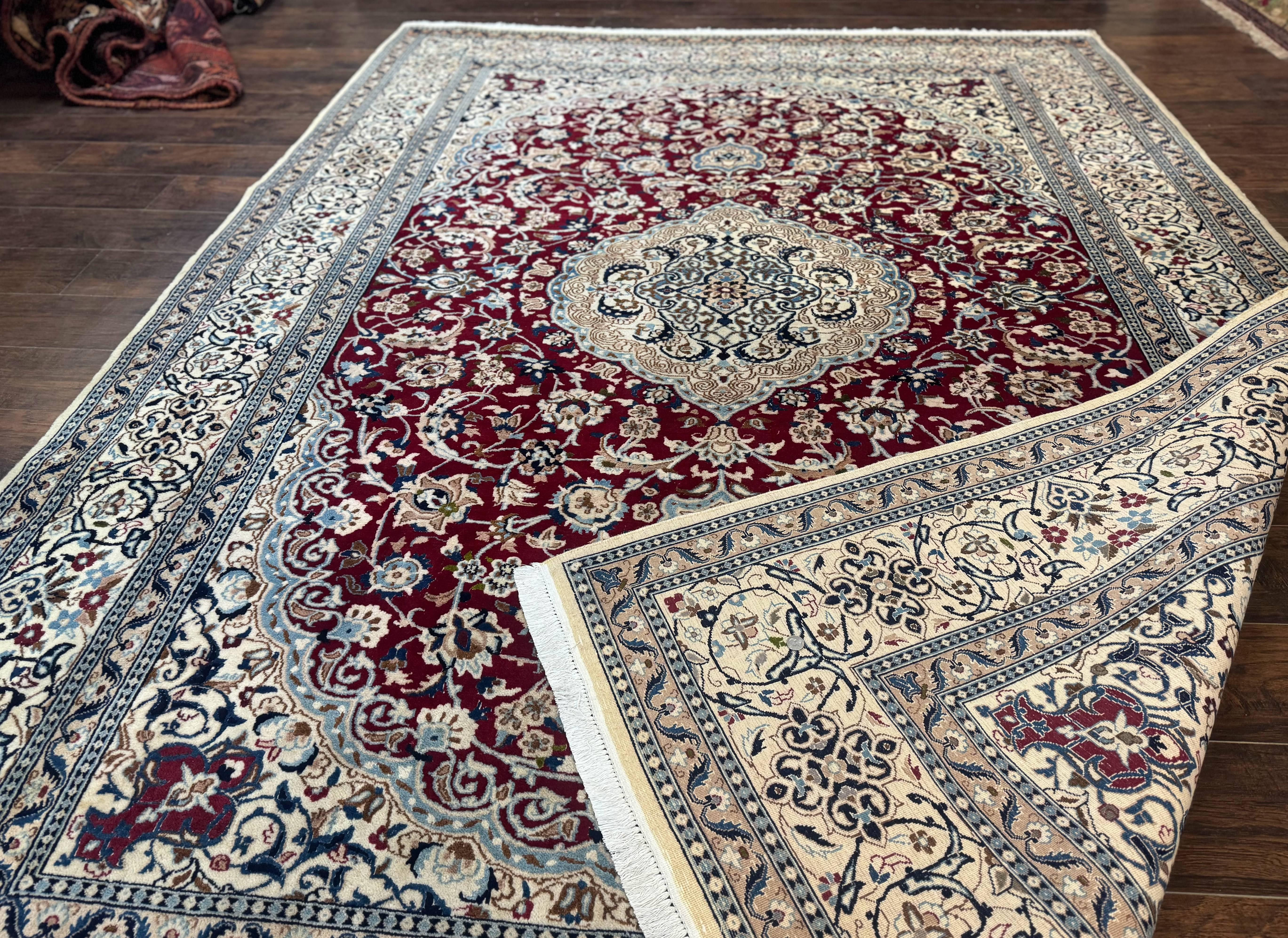 Persian Nain Rug 8x11, Wool and Silk Highlights, Burgundy & Ivory - Image 11