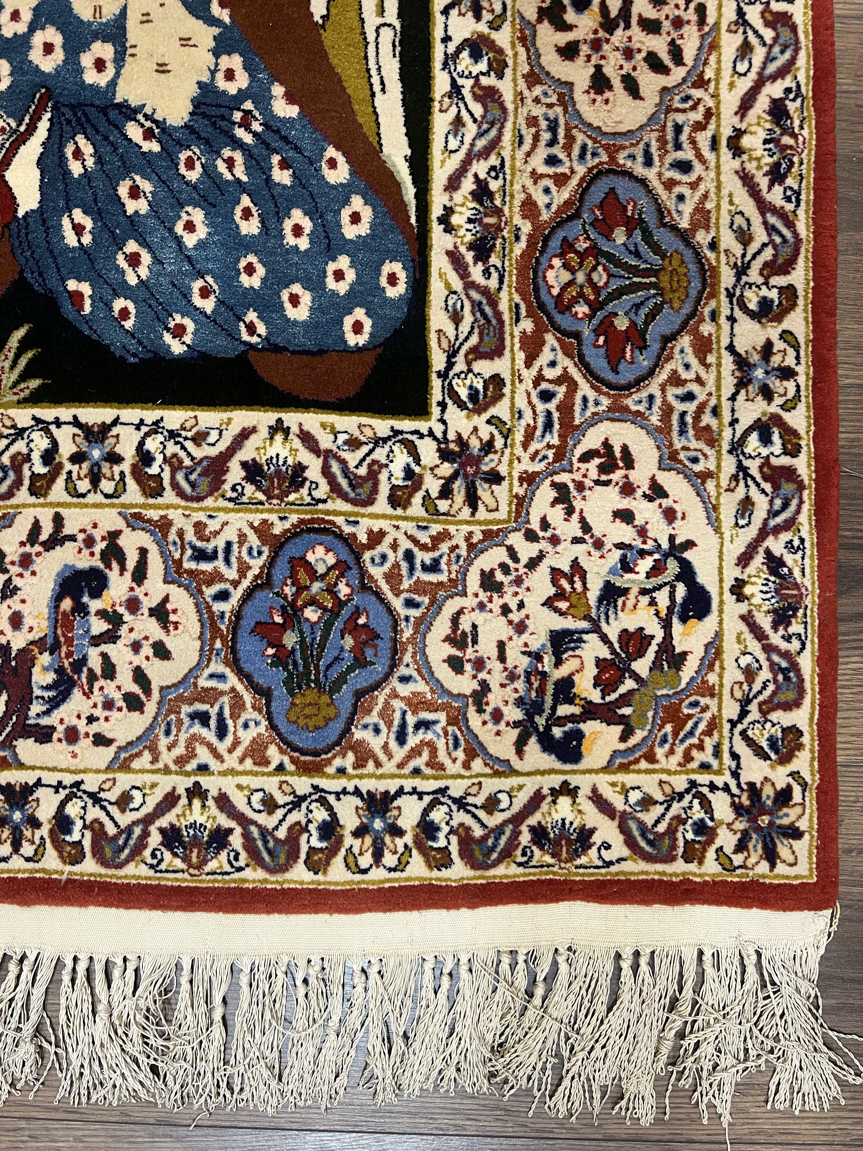 Persian Pictorial Rug 5 x 4 ft, Persian Isfahan Rug, Kork Wool on Silk Foundation, Signature from Master Weaver, Drums and Musical Instruments, Birds, Detailed - Image 10
