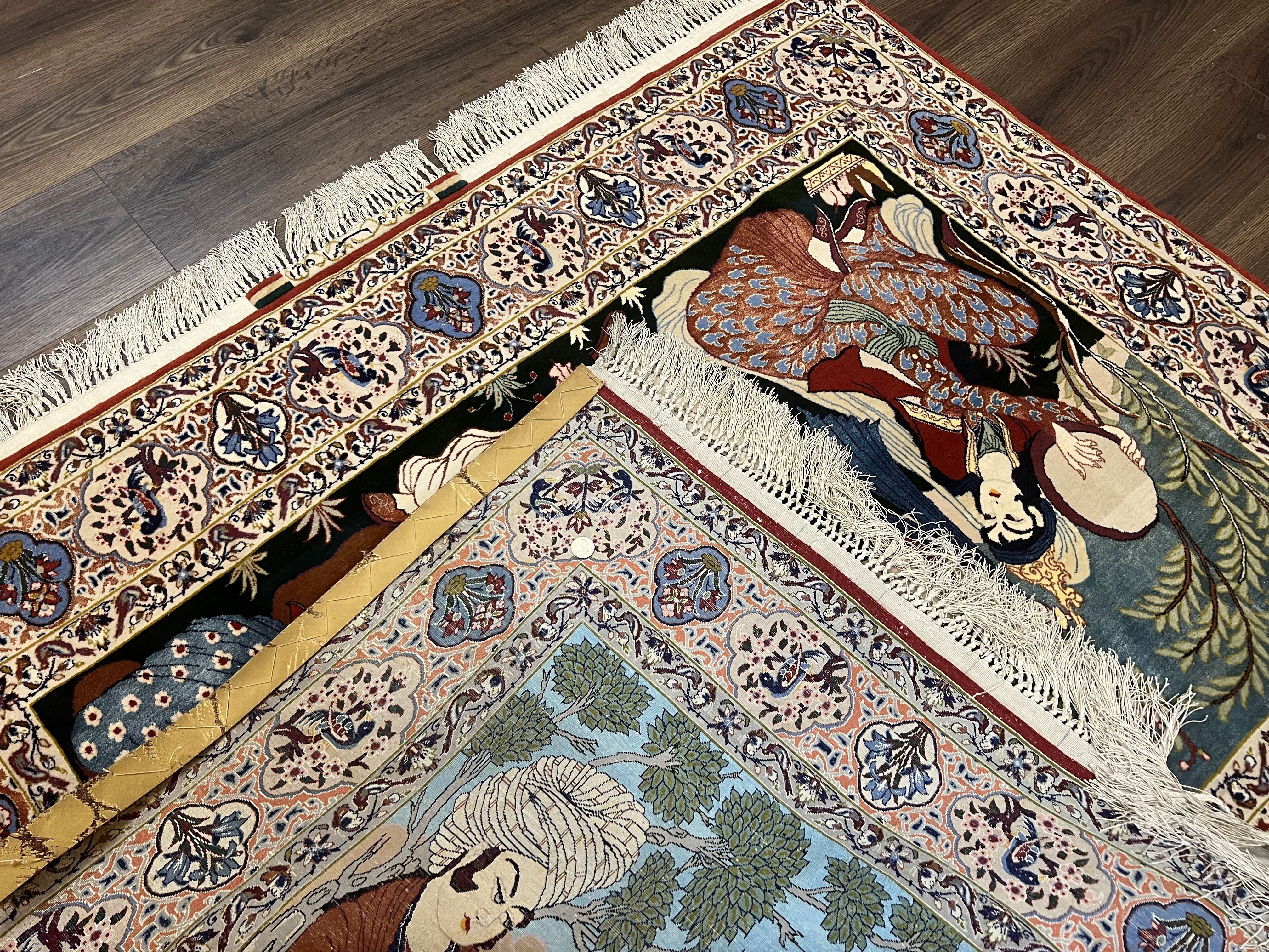 Persian Pictorial Rug 5 x 4 ft, Persian Isfahan Rug, Kork Wool on Silk Foundation, Signature from Master Weaver, Drums and Musical Instruments, Birds, Detailed - Image 12
