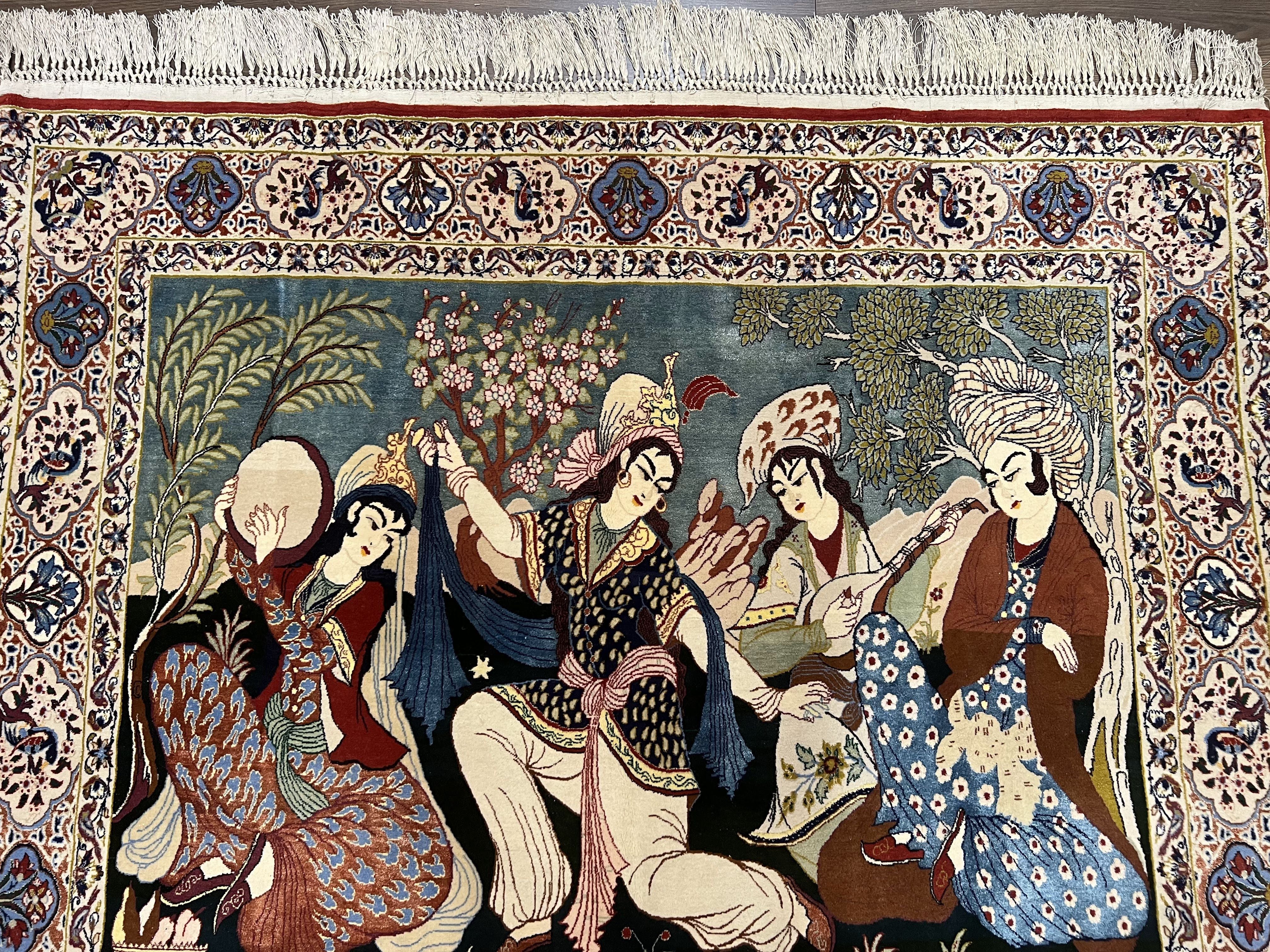 Persian Pictorial Rug 5 x 4 ft, Persian Isfahan Rug, Kork Wool on Silk Foundation, Signature from Master Weaver, Drums and Musical Instruments, Birds, Detailed - Image 13