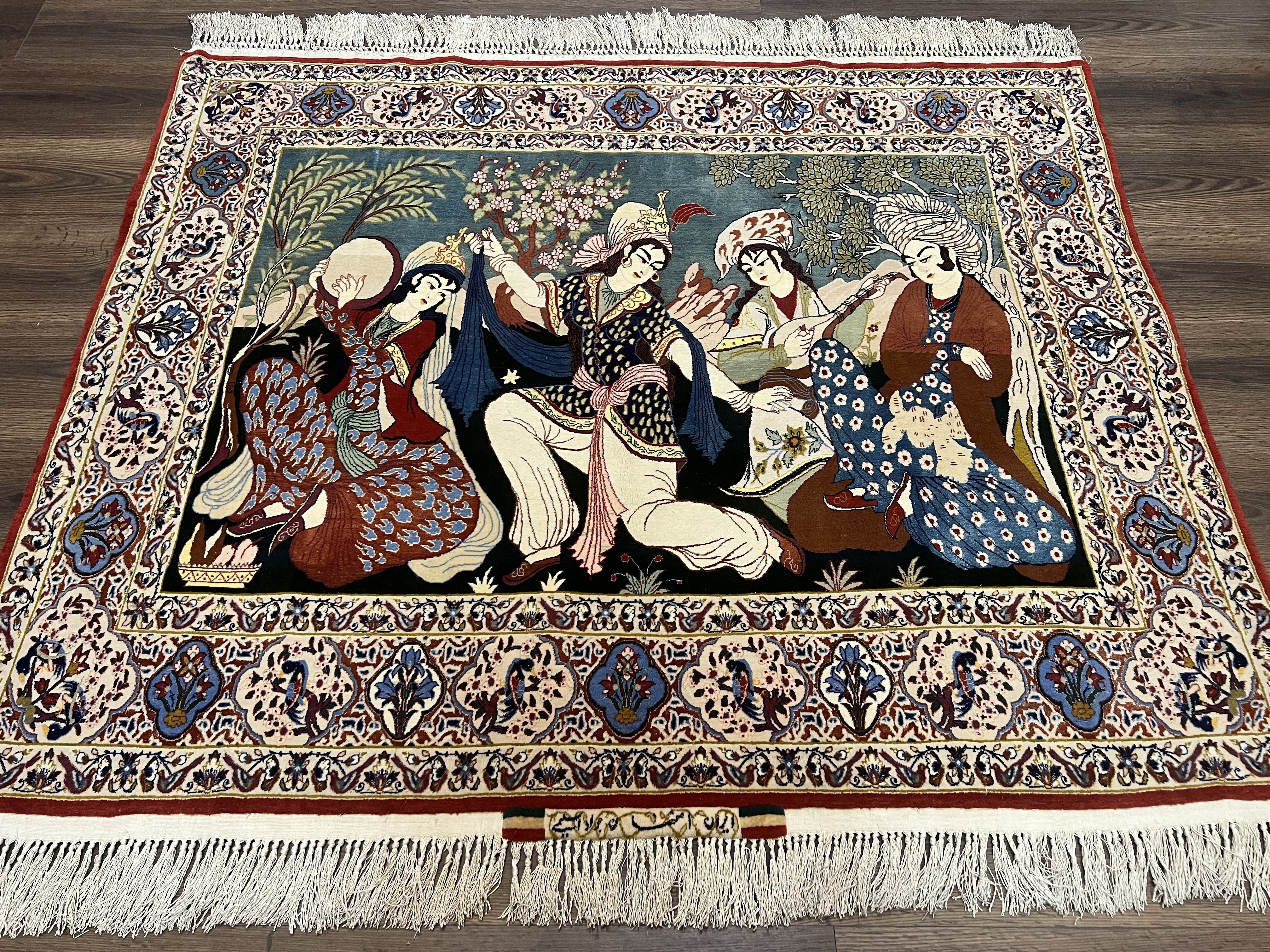Persian Pictorial Rug 5 x 4 ft, Persian Isfahan Rug, Kork Wool on Silk Foundation, Signature from Master Weaver, Drums and Musical Instruments, Birds, Detailed - Image 2