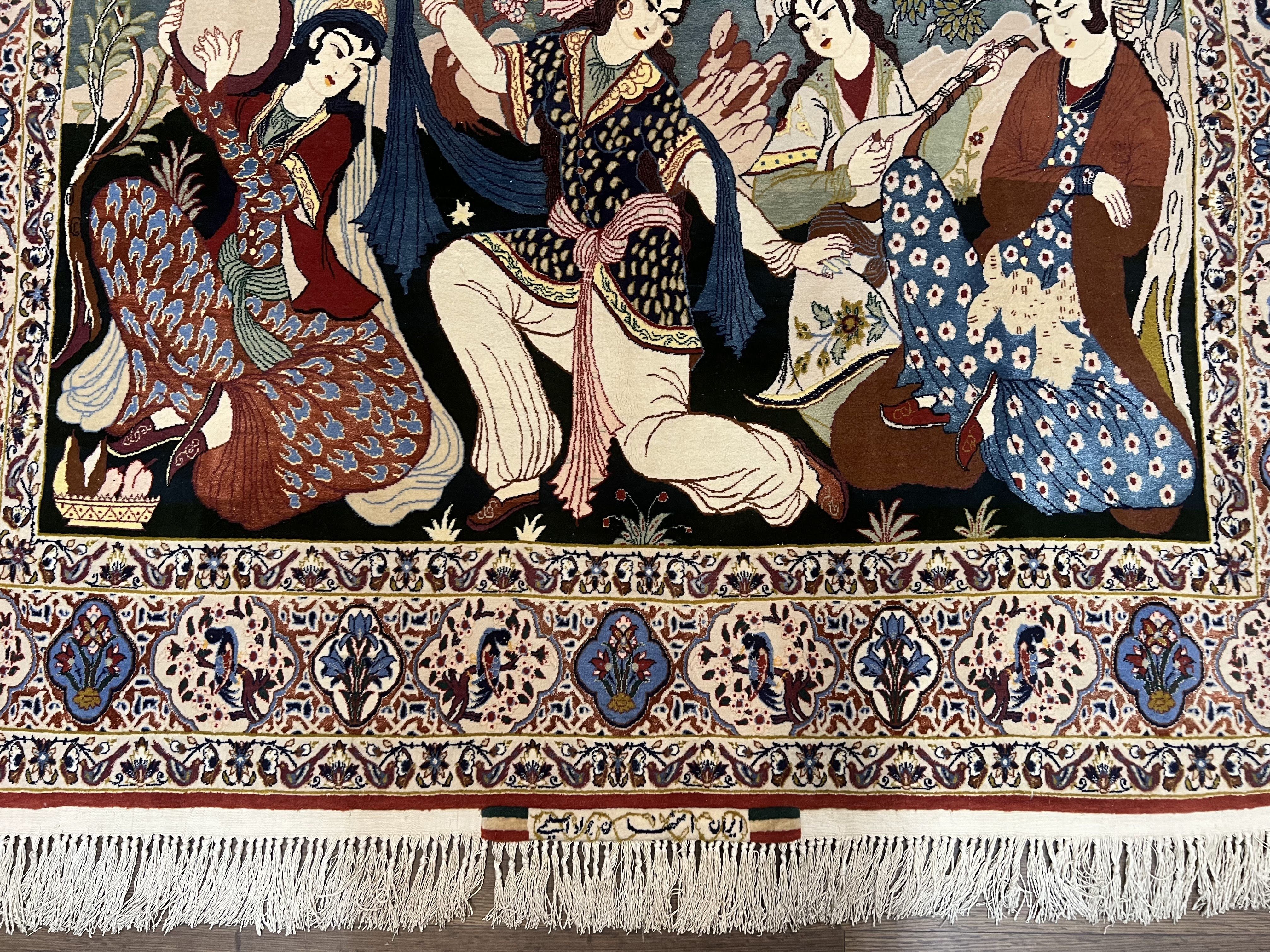 Persian Pictorial Rug 5 x 4 ft, Persian Isfahan Rug, Kork Wool on Silk Foundation, Signature from Master Weaver, Drums and Musical Instruments, Birds, Detailed - Image 6