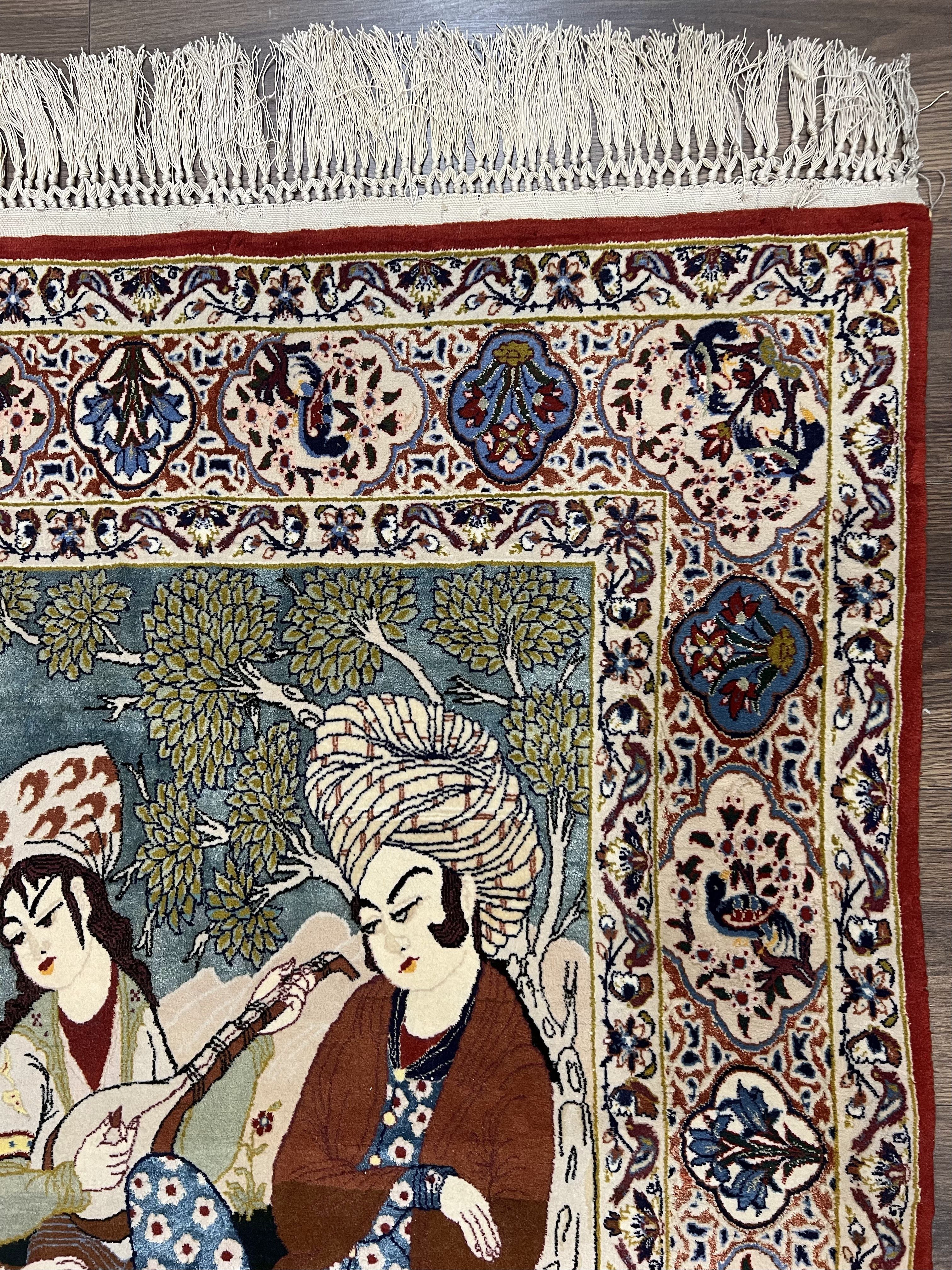Persian Pictorial Rug 5 x 4 ft, Persian Isfahan Rug, Kork Wool on Silk Foundation, Signature from Master Weaver, Drums and Musical Instruments, Birds, Detailed - Image 8