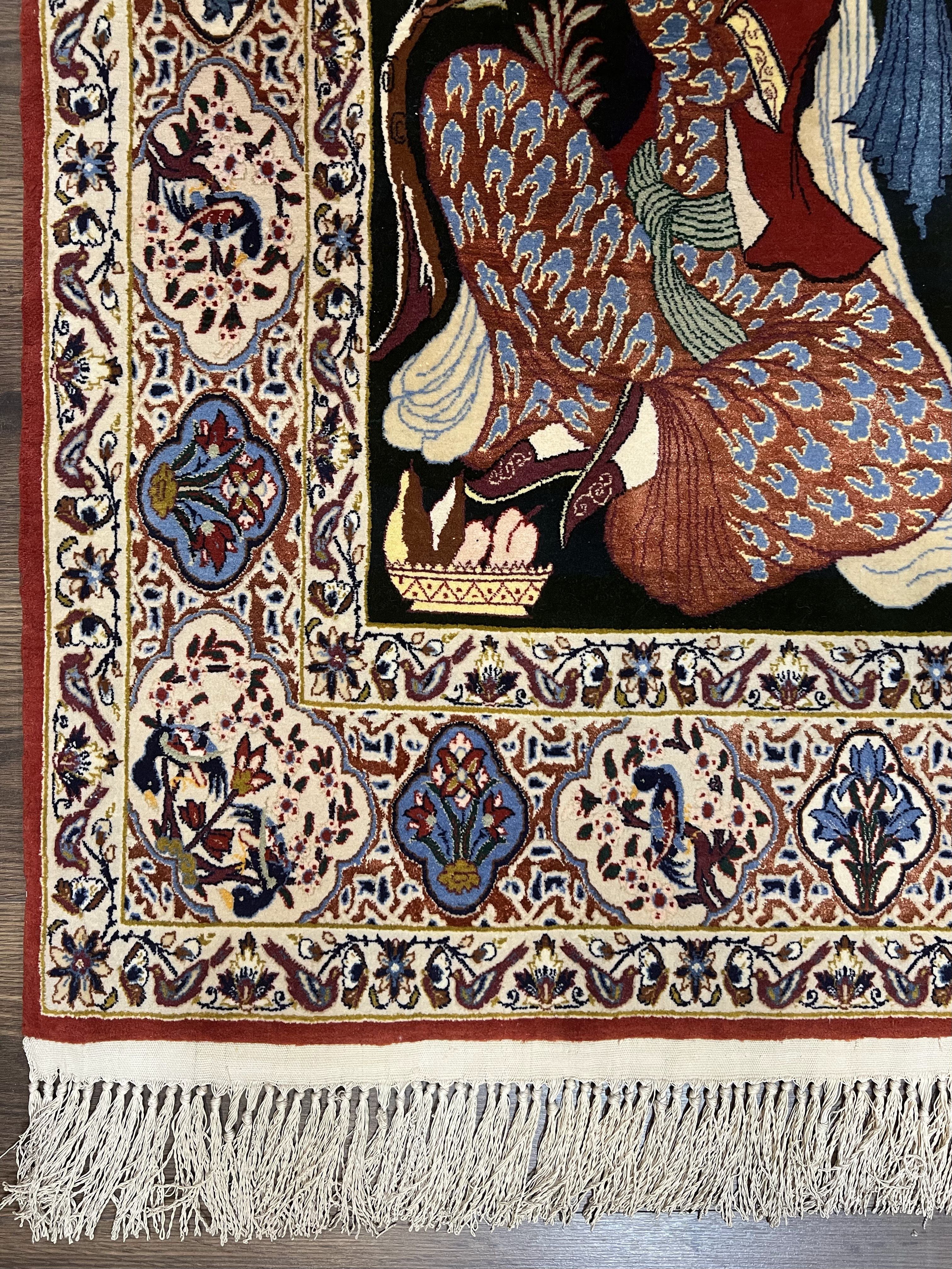 Persian Pictorial Rug 5 x 4 ft, Persian Isfahan Rug, Kork Wool on Silk Foundation, Signature from Master Weaver, Drums and Musical Instruments, Birds, Detailed - Image 9