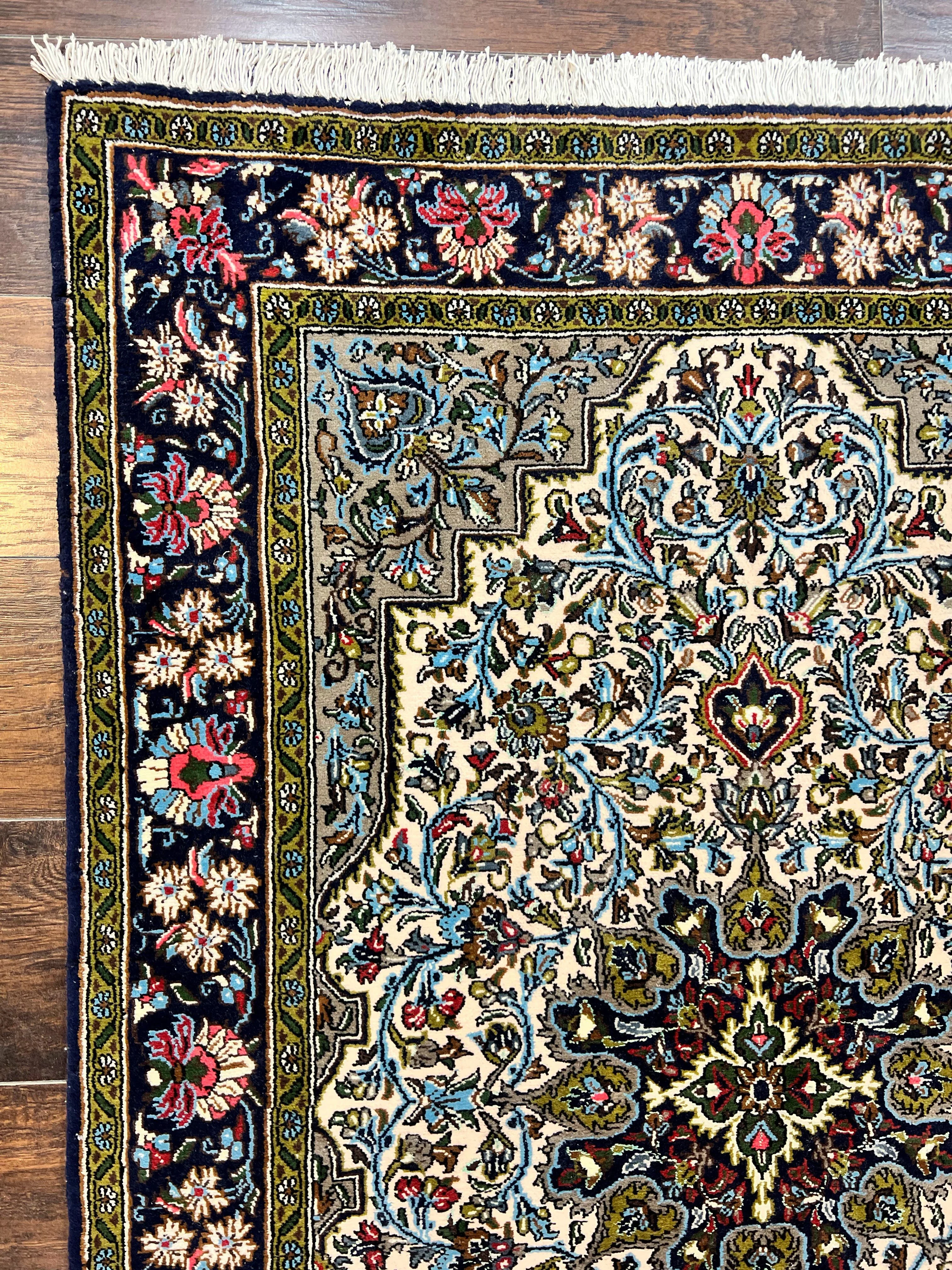 Persian Qum Rug 3x5, Wool with Silk Highlights, Handmade Semi Antique Carpet, Ivory & Navy Blue, Floral Medallion, Finely Hand Knotted - Image 6