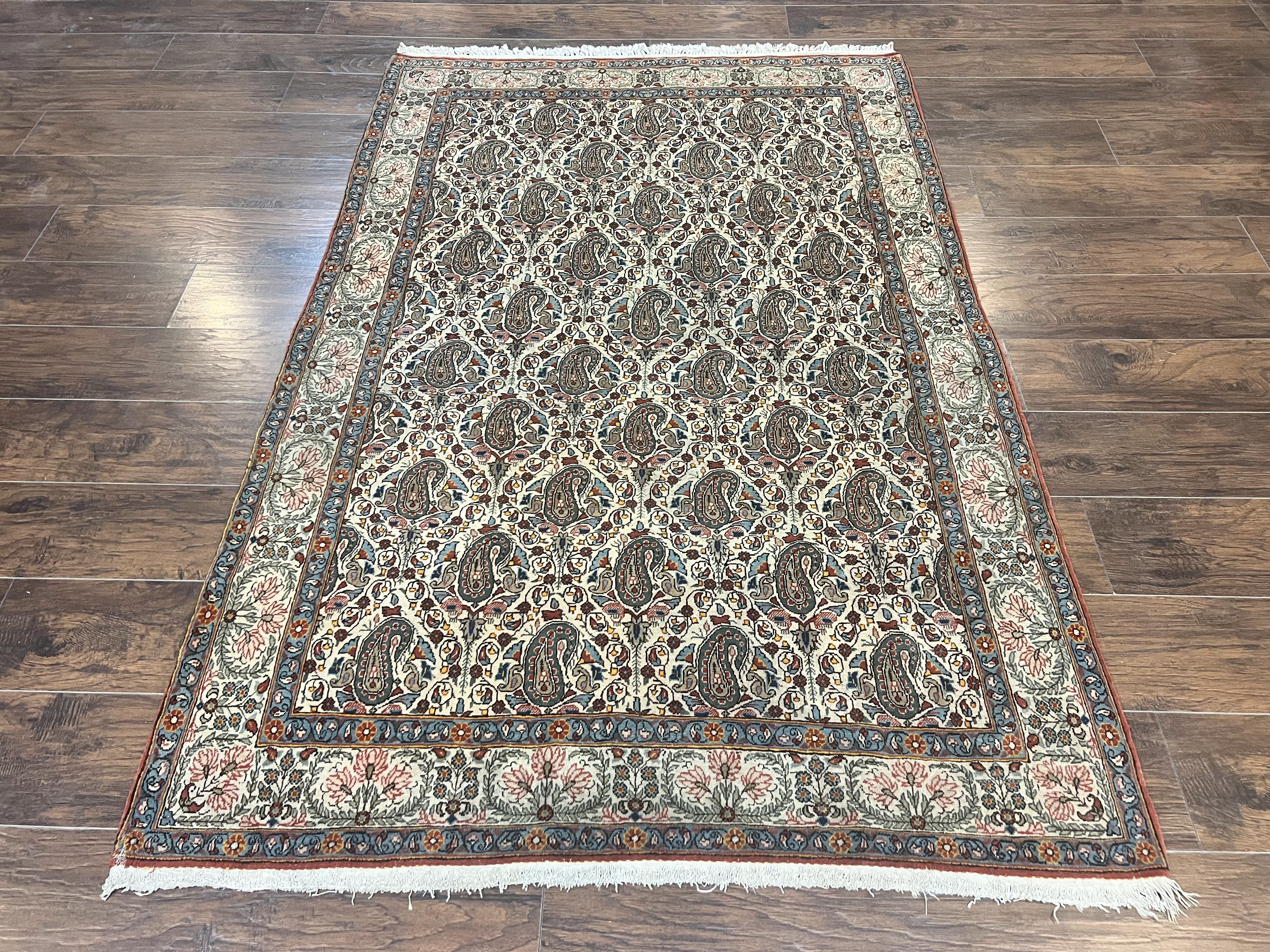 Persian Qum Rug 5x6, Cream Wool Hand Knotted Carpet, Repeated Boteh Paisely Design, Semi Antique Vintage Rug, Very Fine Weave 5 x 6 Rug - Image 2