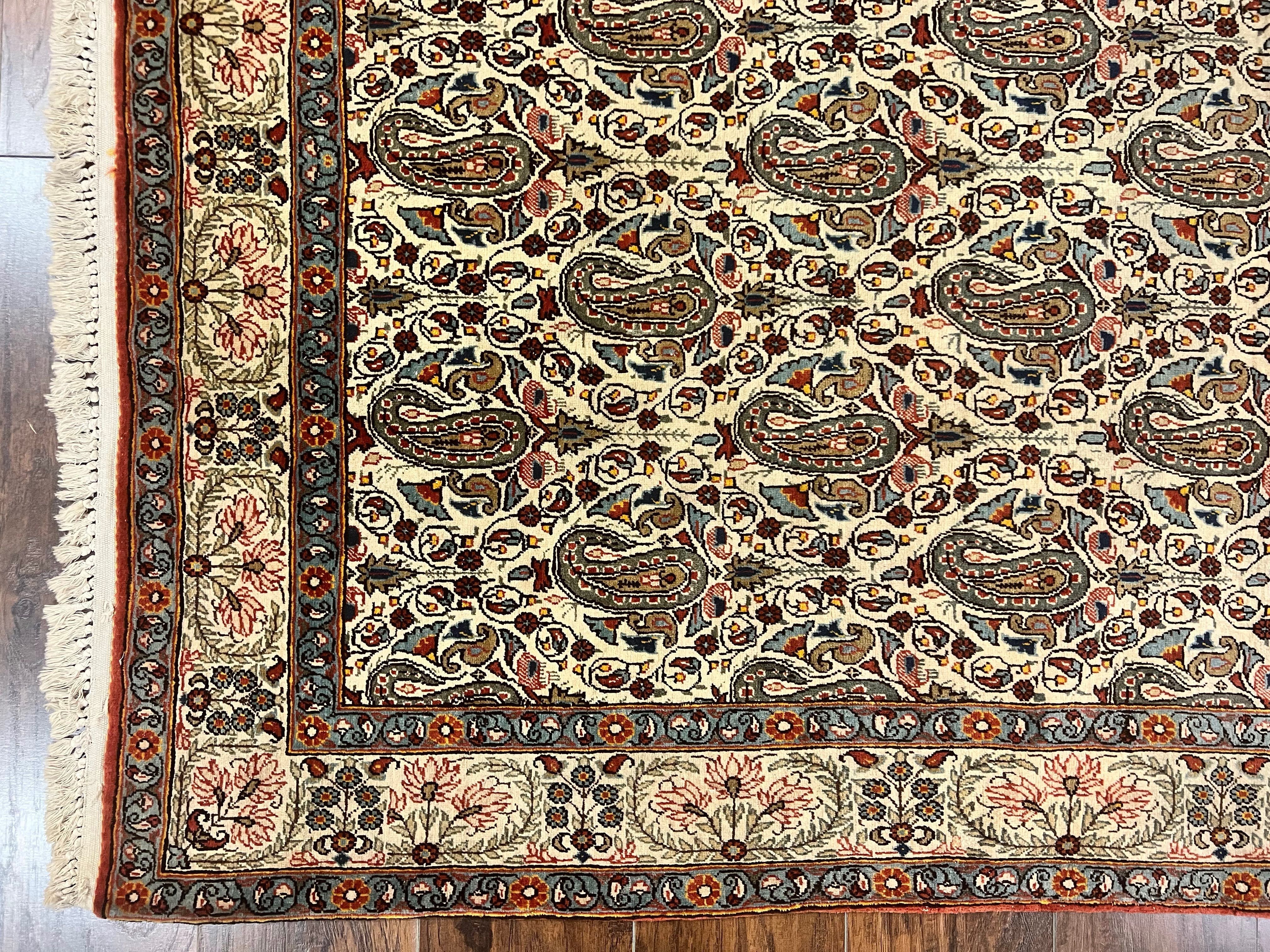 Persian Qum Rug 5x6, Cream Wool Hand Knotted Carpet, Repeated Boteh Paisely Design, Semi Antique Vintage Rug, Very Fine Weave 5 x 6 Rug - Image 8