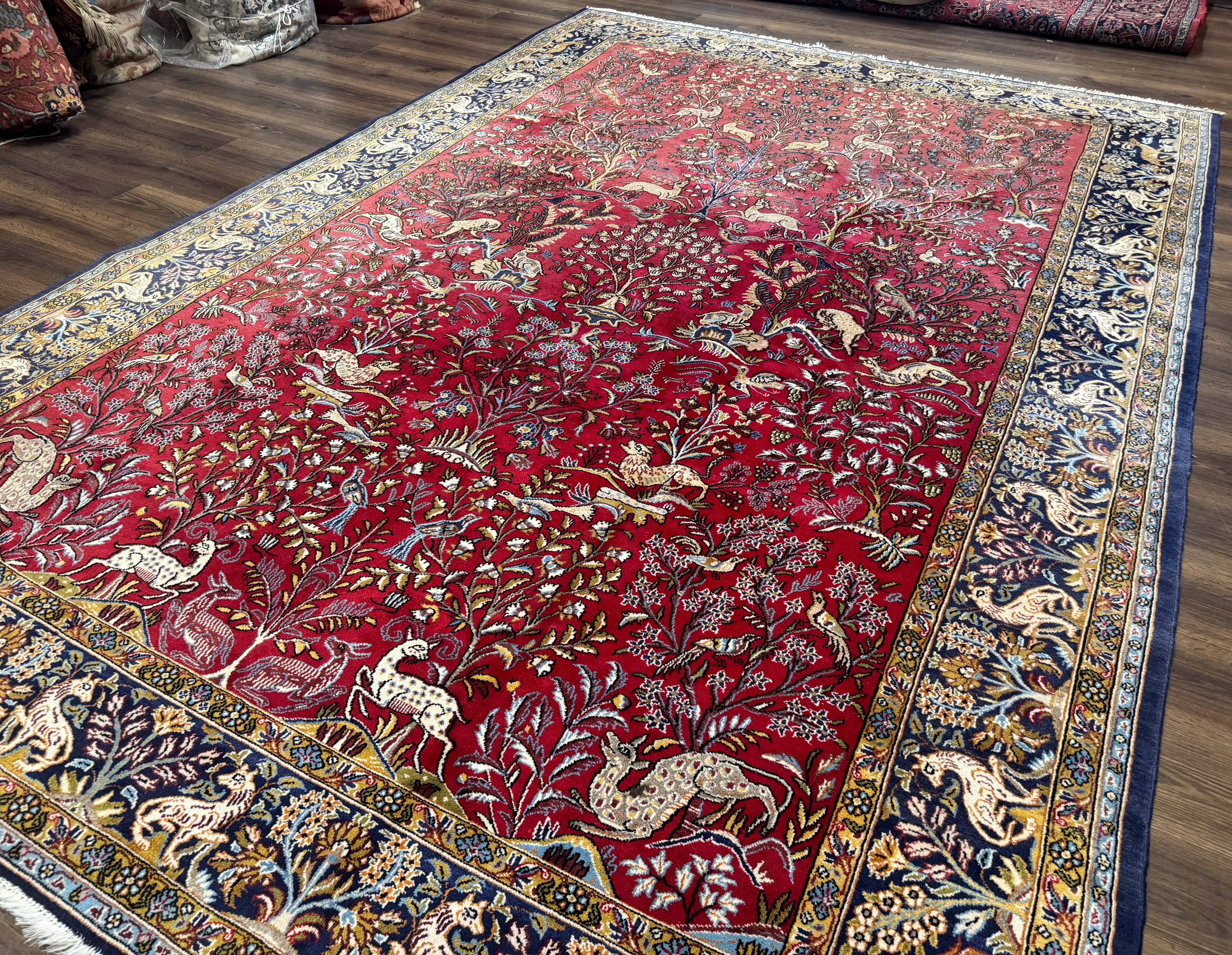 Persian Qum Rug 9x12, Animal Pictorials, Deer Birds, Tree of Life, Red and Navy Blue - Image 2