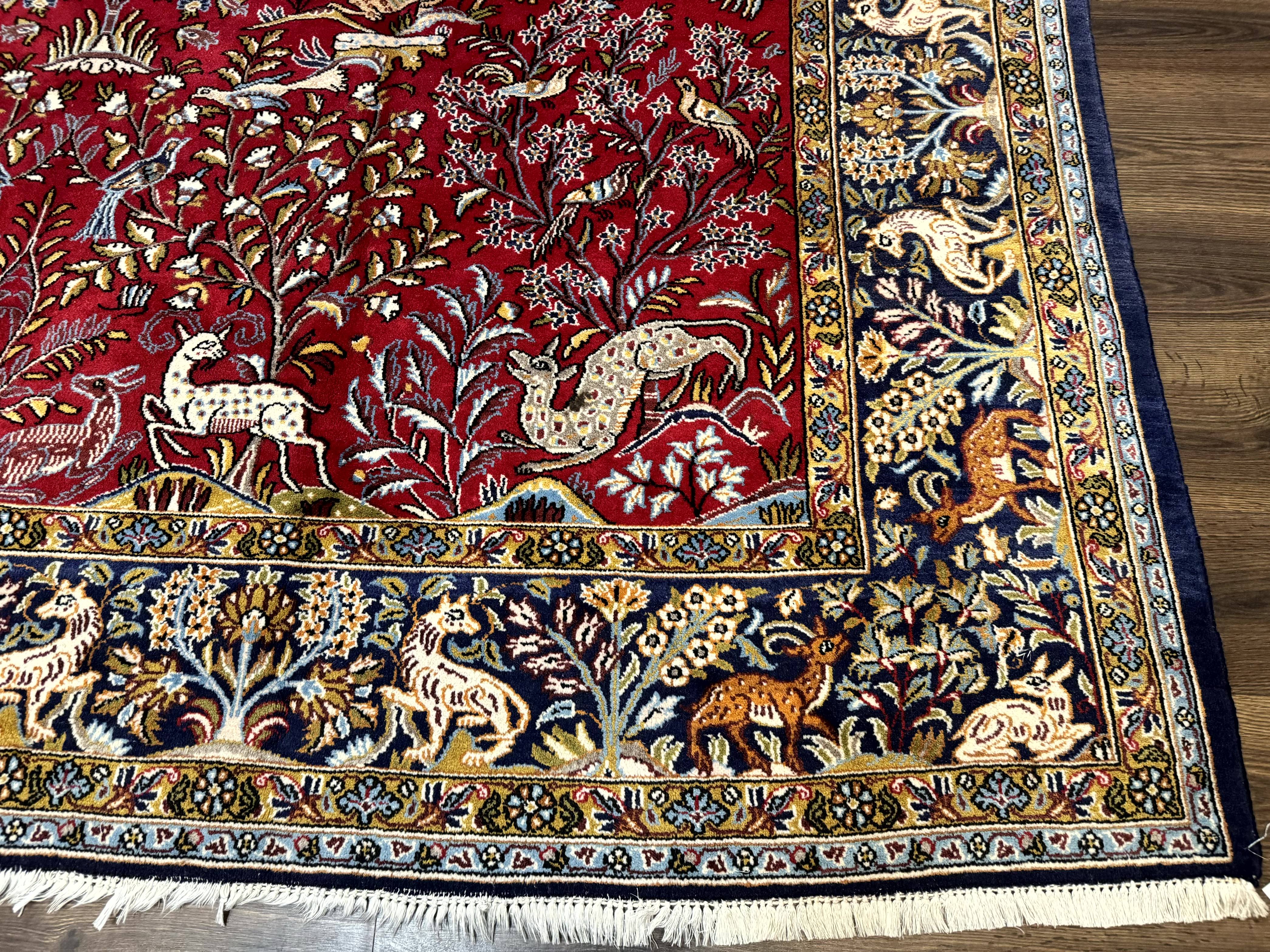 Persian Qum Rug 9x12, Animal Pictorials, Deer Birds, Tree of Life, Red and Navy Blue - Image 9