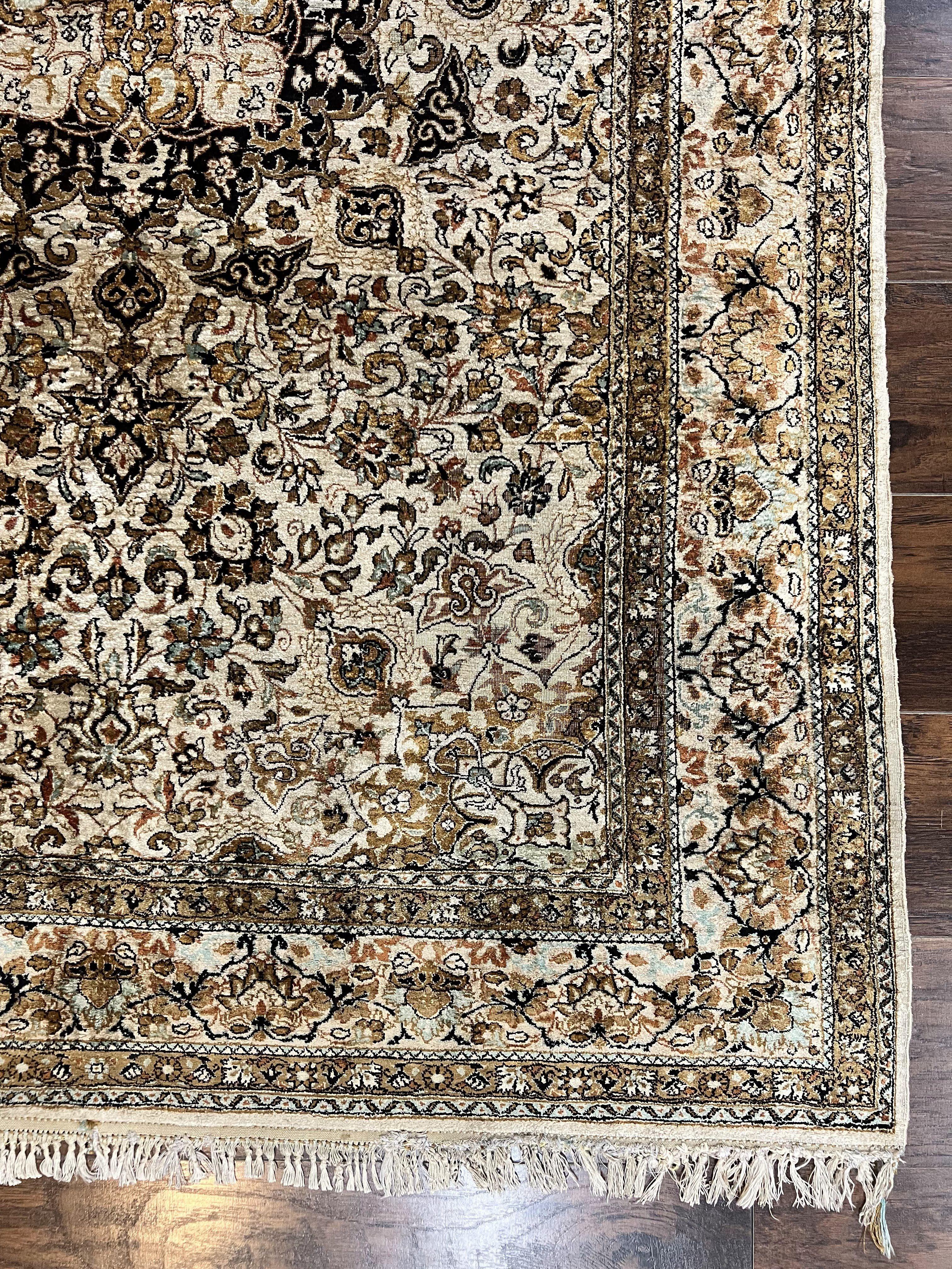 Persian Qum Silk Rug, Floral Medallion, Very Fine 60 Raj 475 KPSI, Handmade Hand Knotted Oriental Carpet, Silk on Silk - Image 8