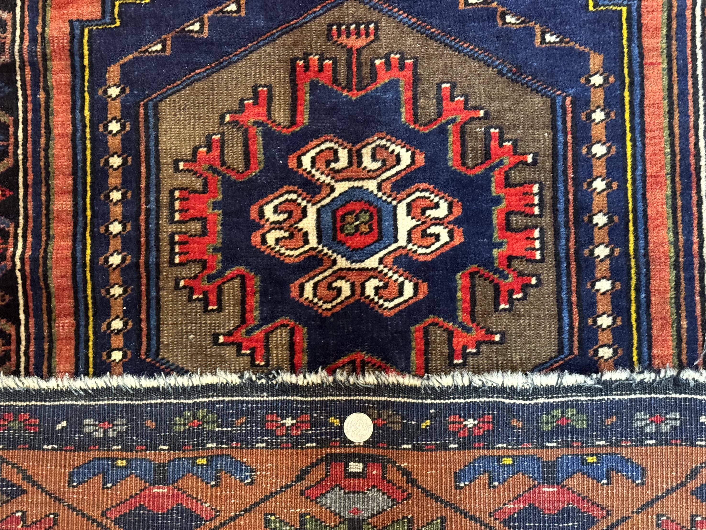 Persian Rug 3x6, Geometric Medallion, Village Tribal Rug, Terracotta and Navy Blue, Antique Nahavand Hamadan Rug - Image 10
