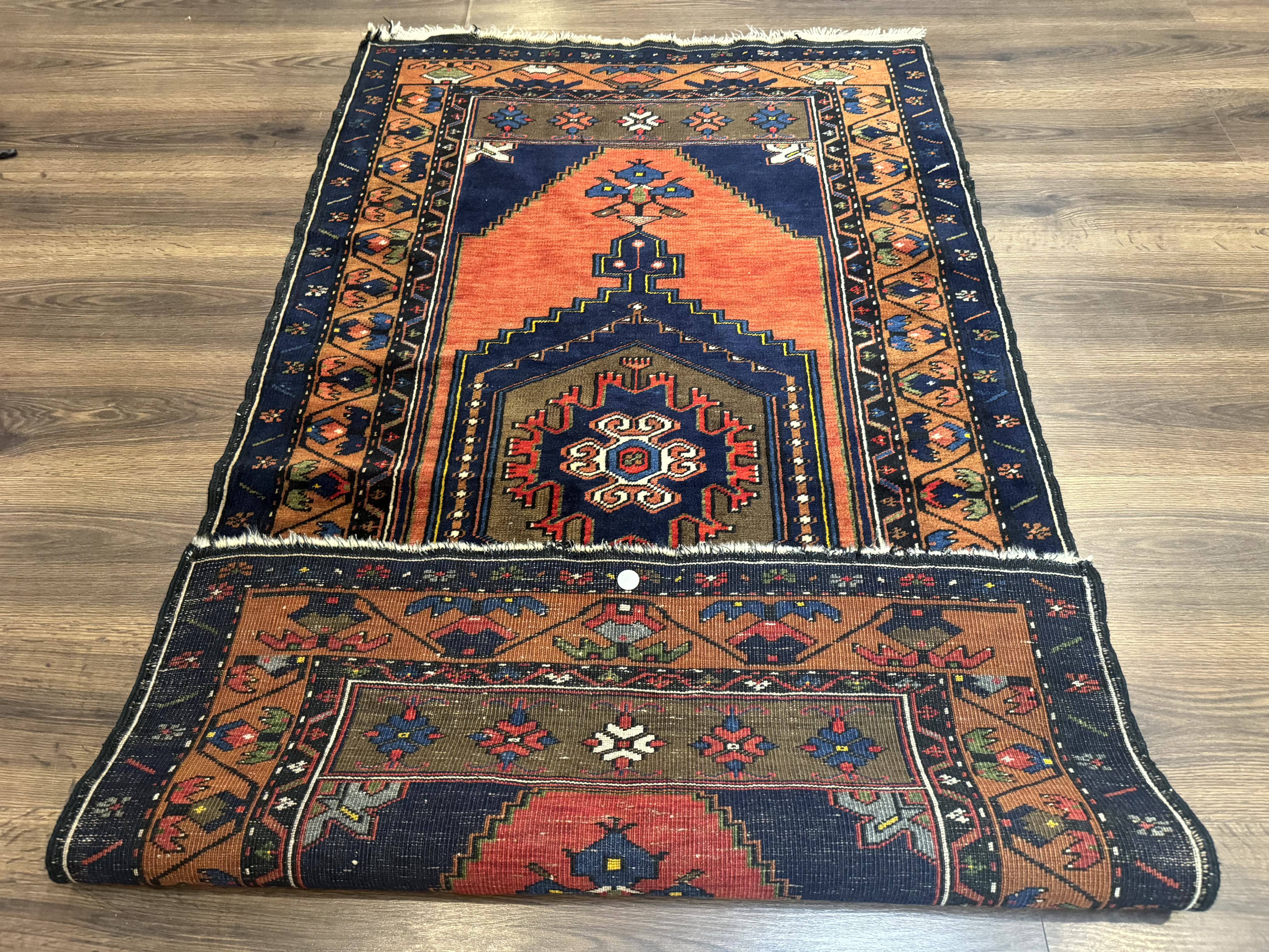 Persian Rug 3x6, Geometric Medallion, Village Tribal Rug, Terracotta and Navy Blue, Antique Nahavand Hamadan Rug - Image 11