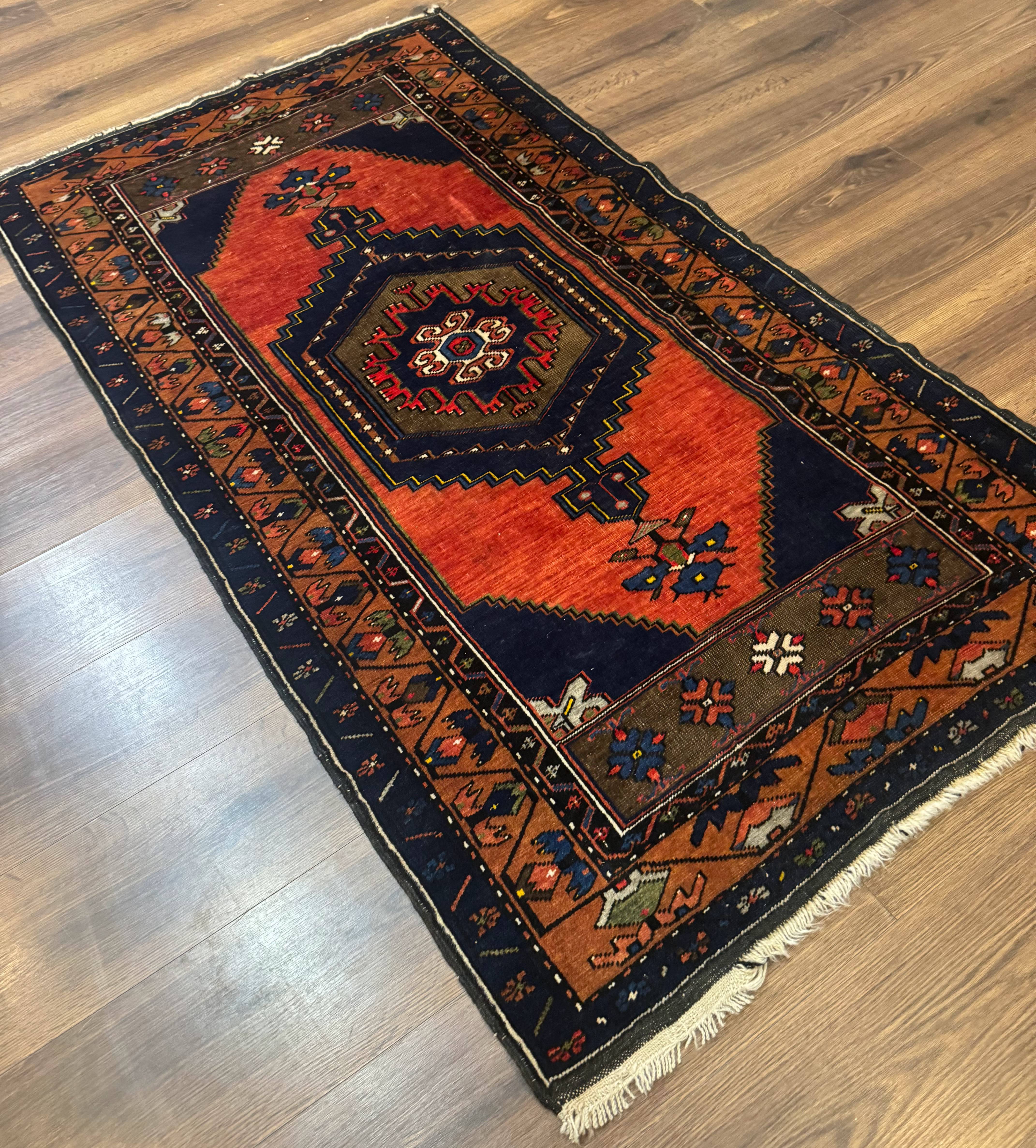 Persian Rug 3x6, Geometric Medallion, Village Tribal Rug, Terracotta and Navy Blue, Antique Nahavand Hamadan Rug - Image 12