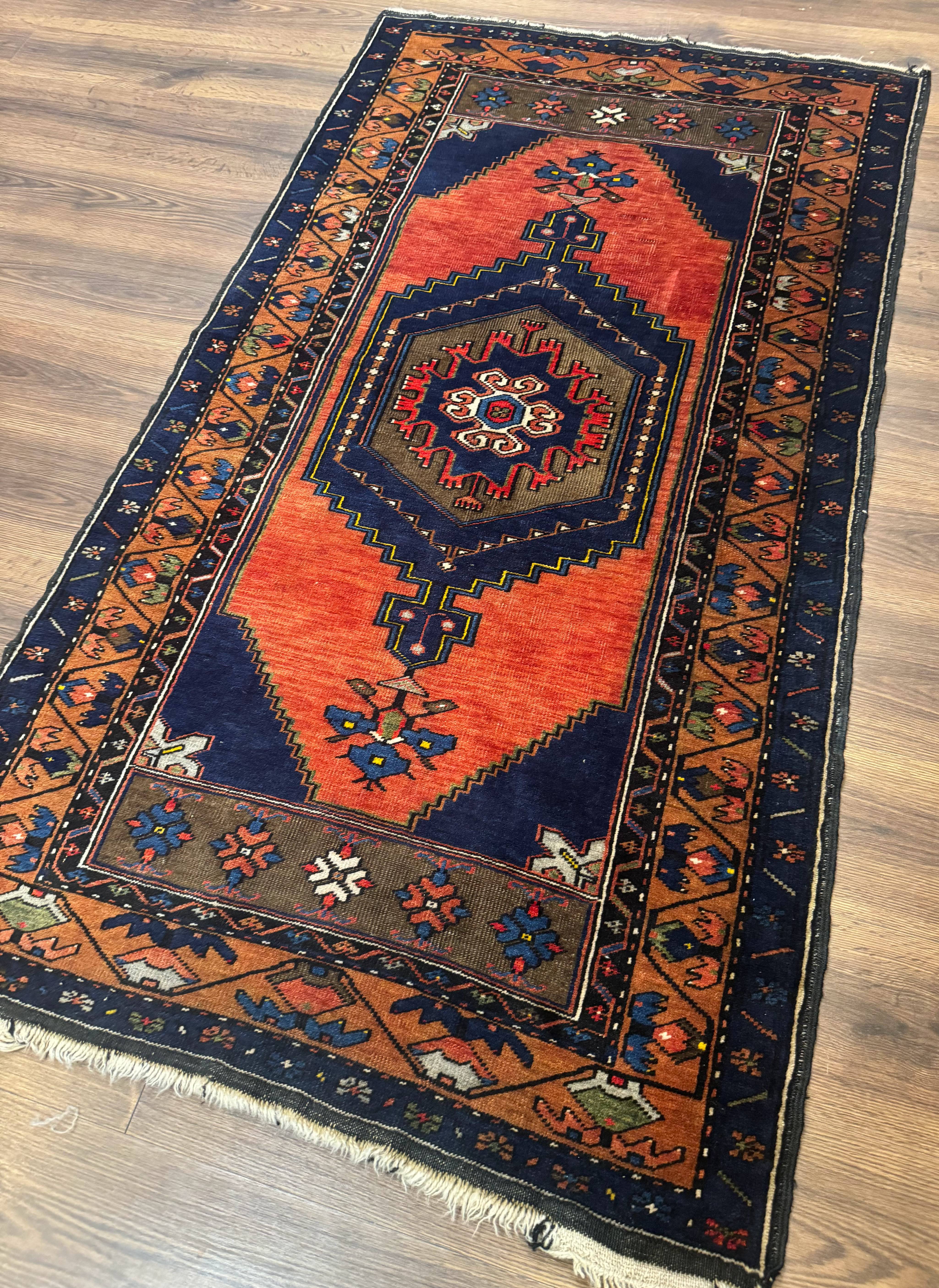 Persian Rug 3x6, Geometric Medallion, Village Tribal Rug, Terracotta and Navy Blue, Antique Nahavand Hamadan Rug - Image 2