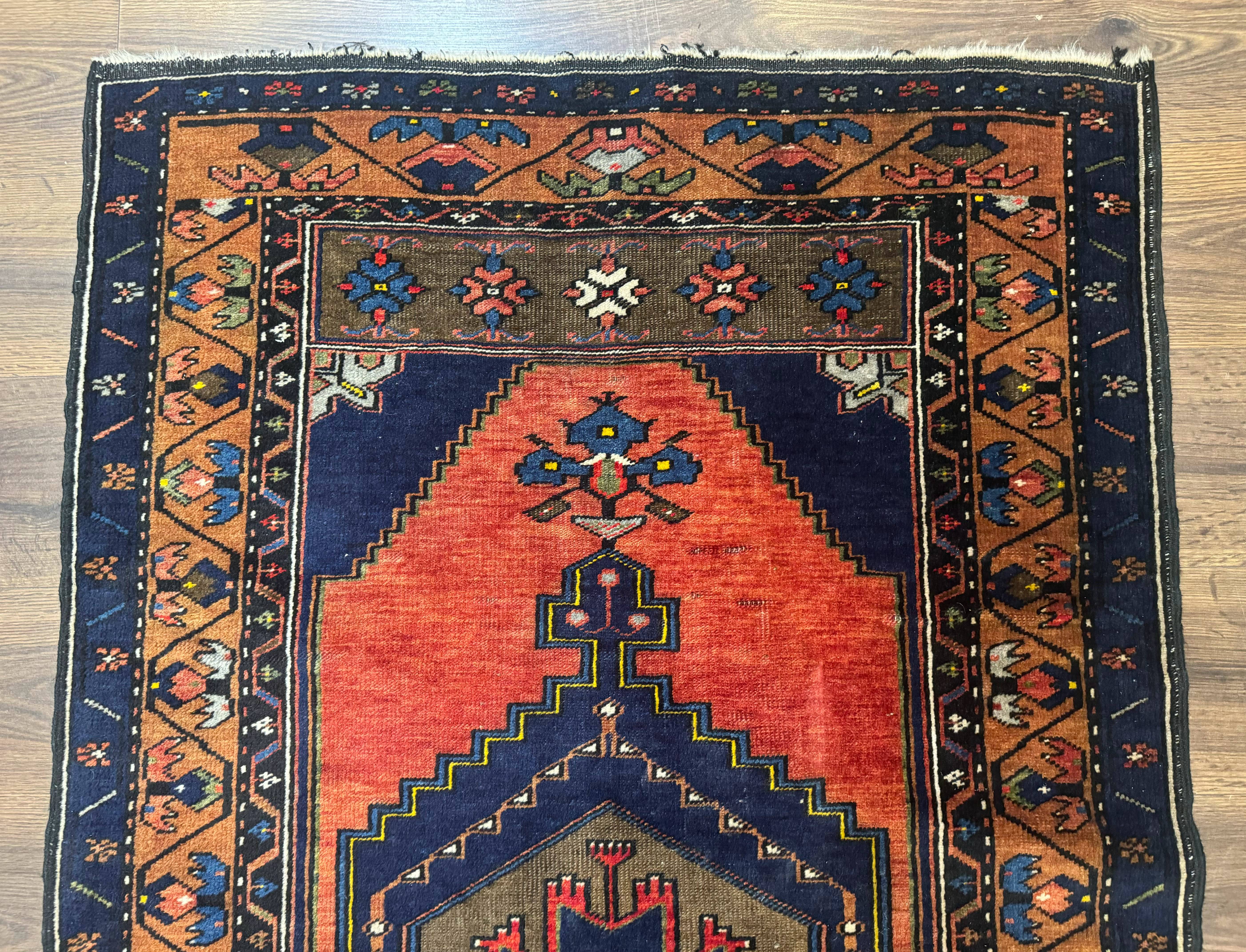 Persian Rug 3x6, Geometric Medallion, Village Tribal Rug, Terracotta and Navy Blue, Antique Nahavand Hamadan Rug - Image 3