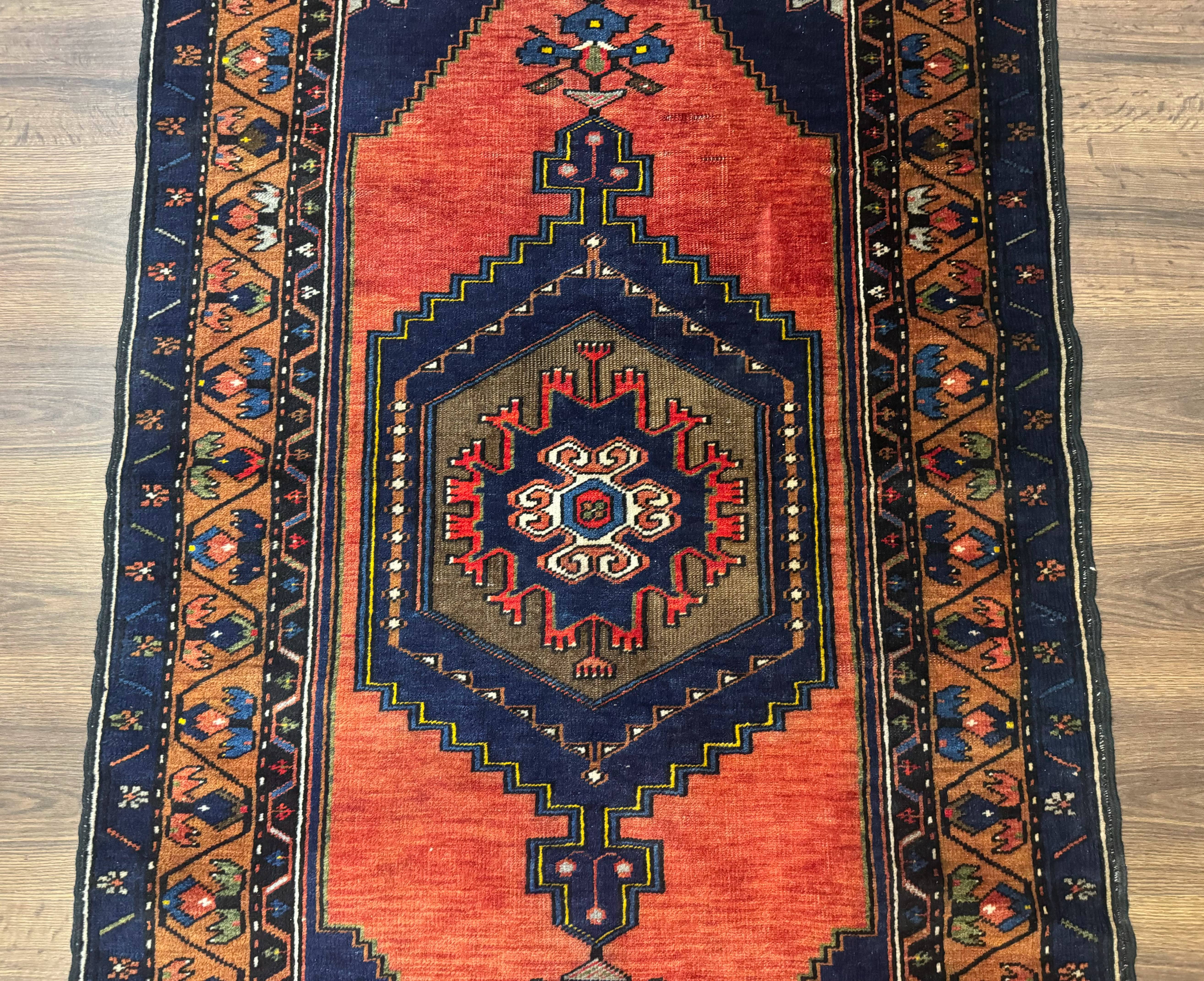 Persian Rug 3x6, Geometric Medallion, Village Tribal Rug, Terracotta and Navy Blue, Antique Nahavand Hamadan Rug - Image 4