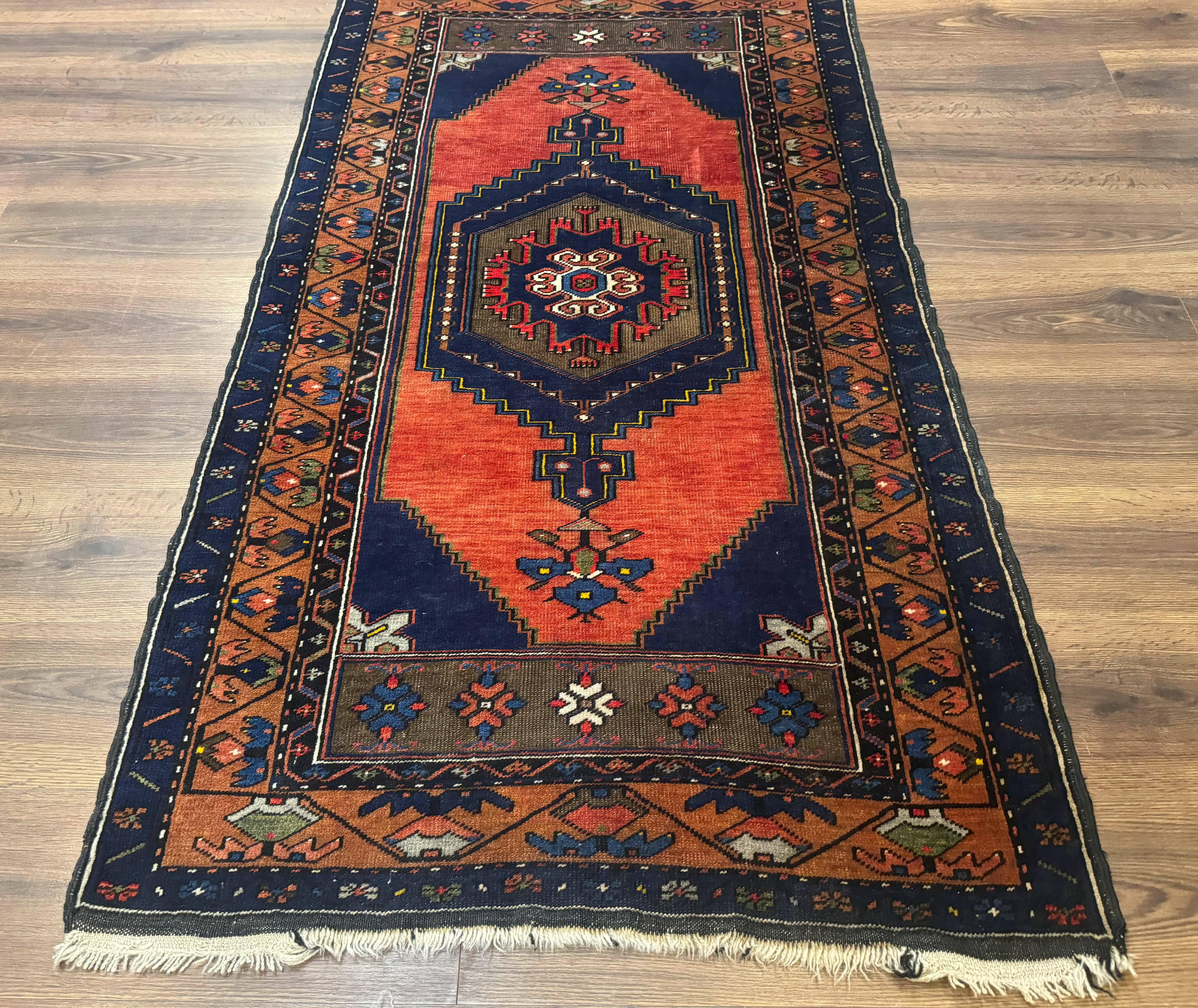 Persian Rug 3x6, Geometric Medallion, Village Tribal Rug, Terracotta and Navy Blue, Antique Nahavand Hamadan Rug - Image 5