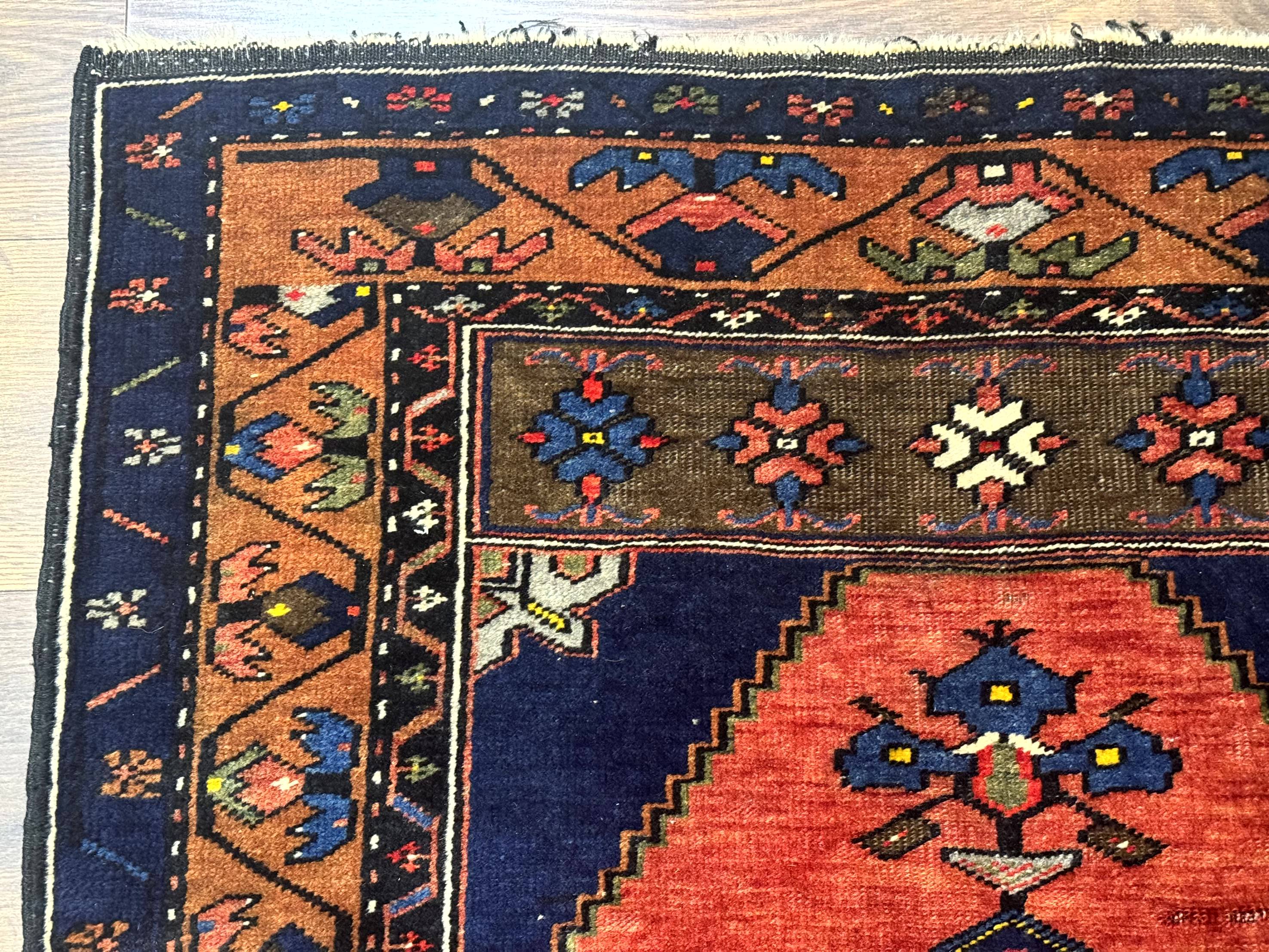 Persian Rug 3x6, Geometric Medallion, Village Tribal Rug, Terracotta and Navy Blue, Antique Nahavand Hamadan Rug - Image 6