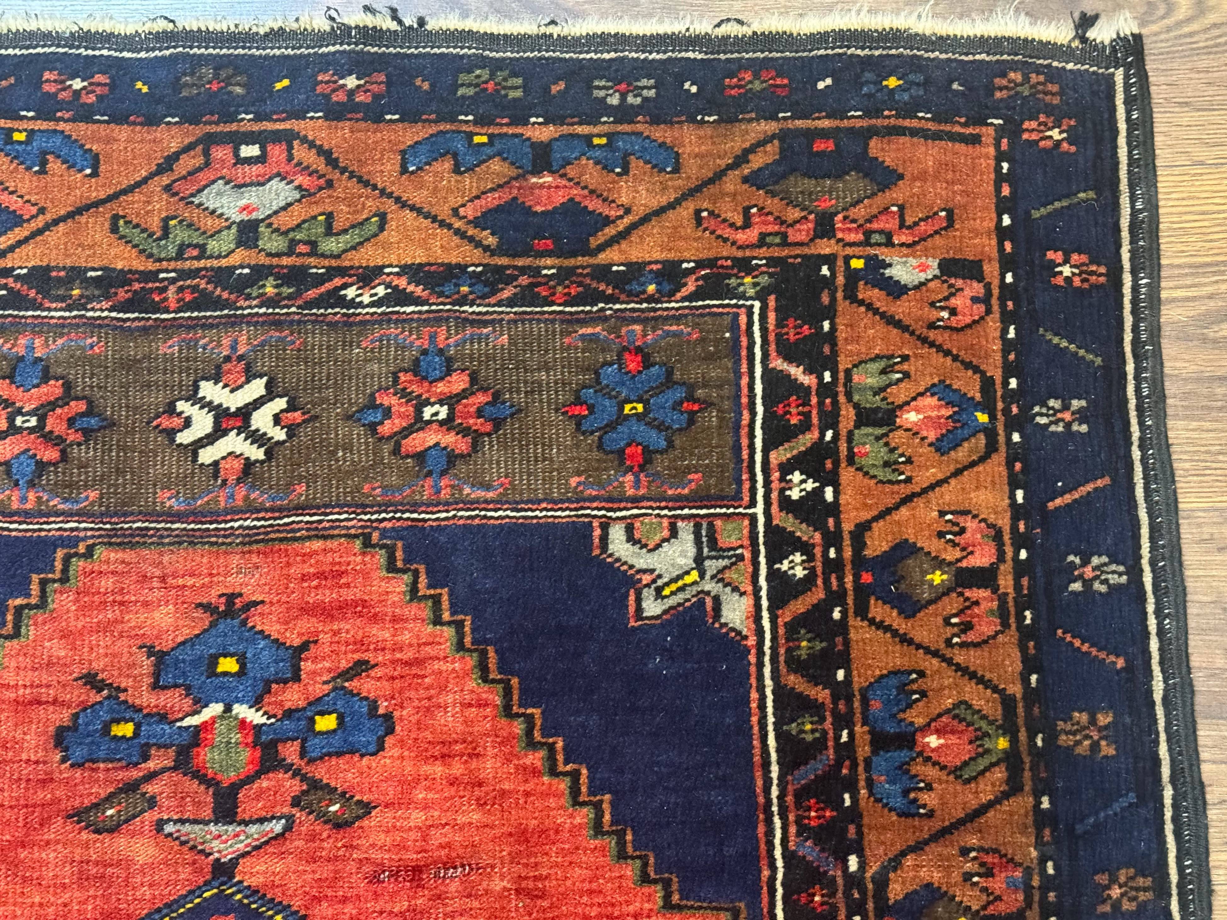 Persian Rug 3x6, Geometric Medallion, Village Tribal Rug, Terracotta and Navy Blue, Antique Nahavand Hamadan Rug - Image 7