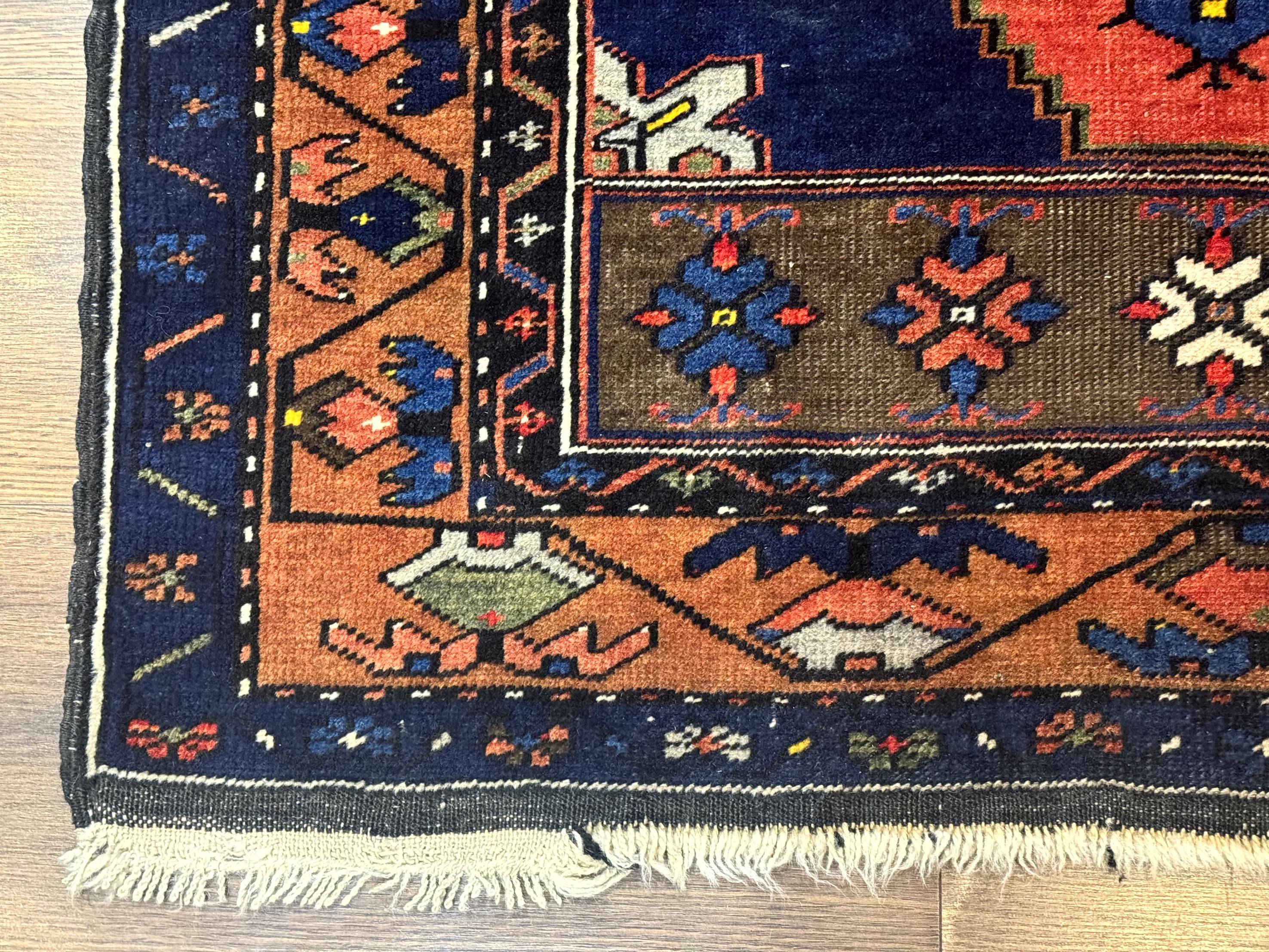 Persian Rug 3x6, Geometric Medallion, Village Tribal Rug, Terracotta and Navy Blue, Antique Nahavand Hamadan Rug - Image 8